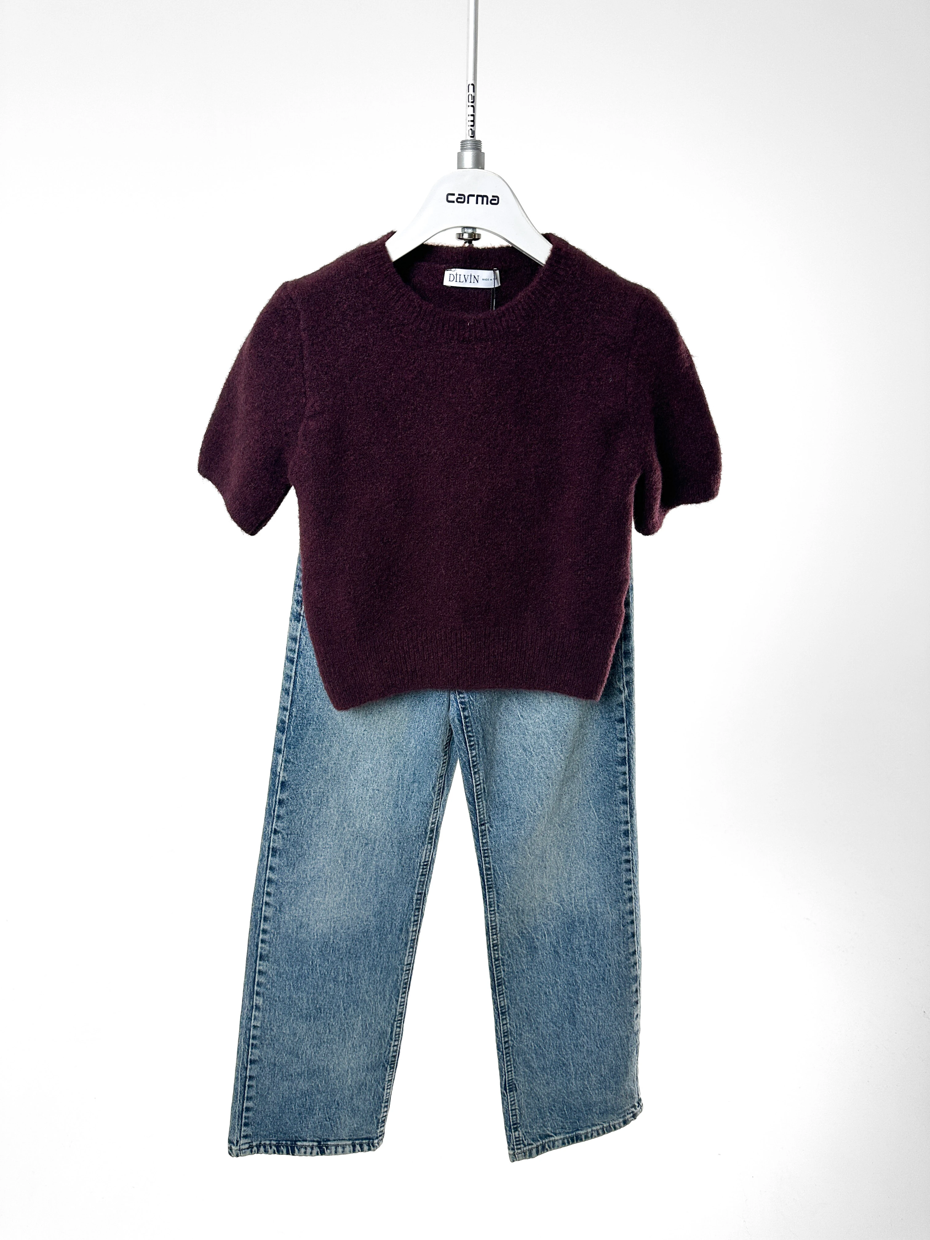 Yumuşak Dokulu Kısa Kollu Triko - bordo