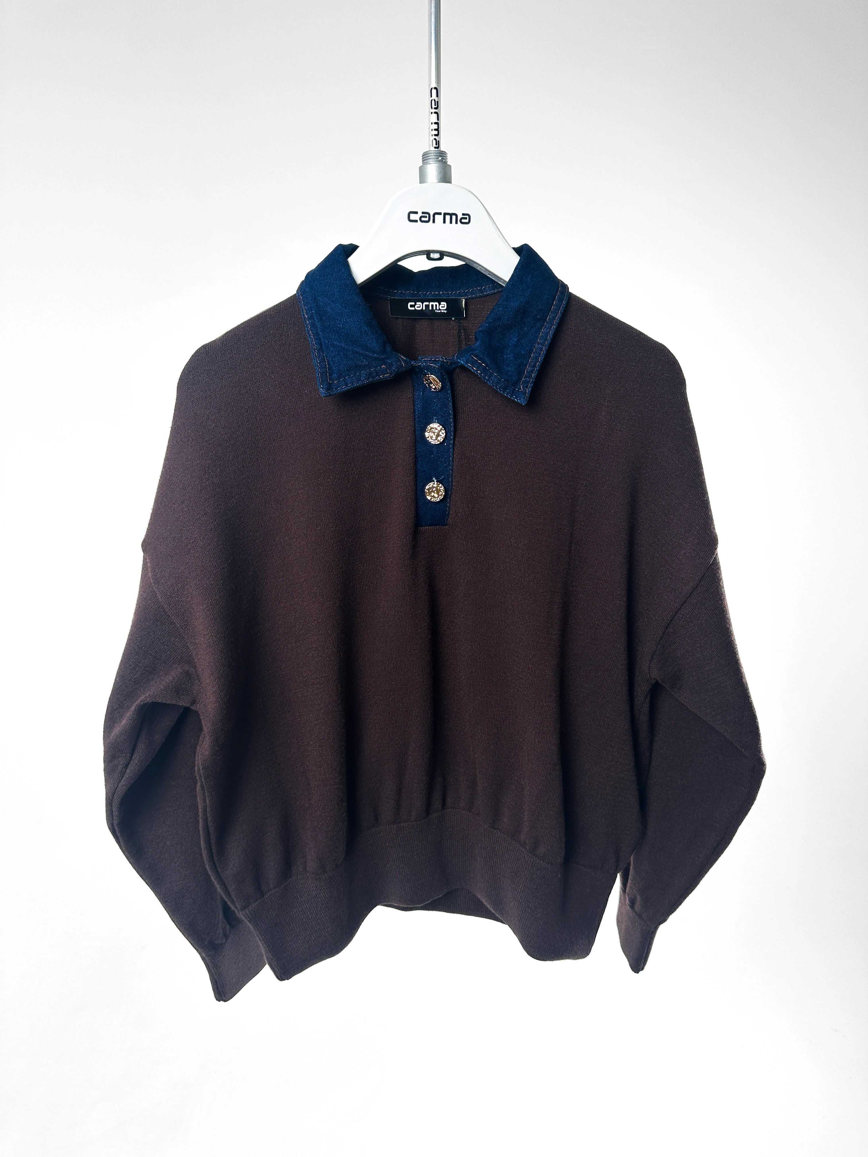 Denim Yaka Triko - acı kahve