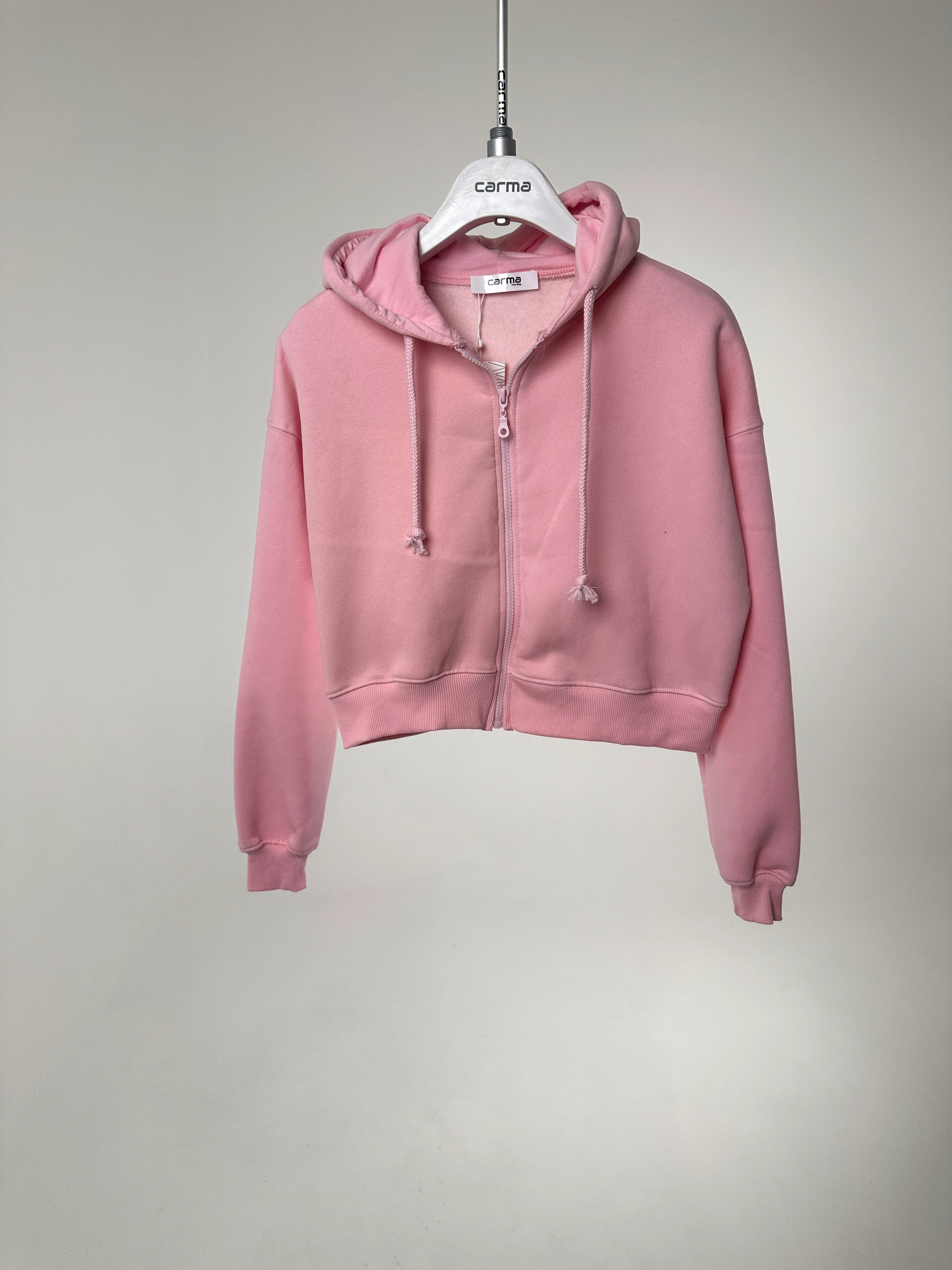 Basic Crop Zip Hoodie - şeker pembe