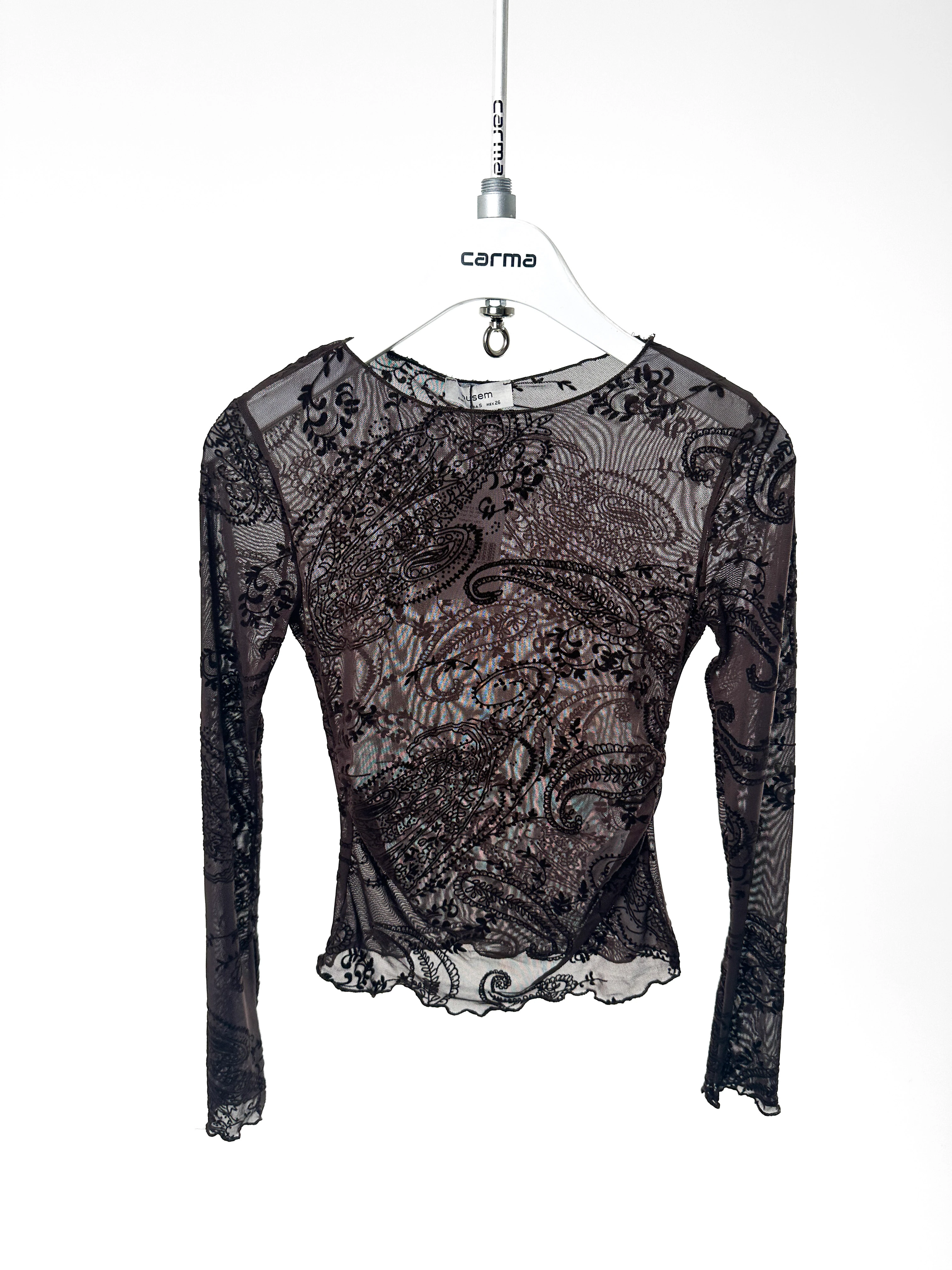 Desenli Transparan Tül Bluz - acı kahve