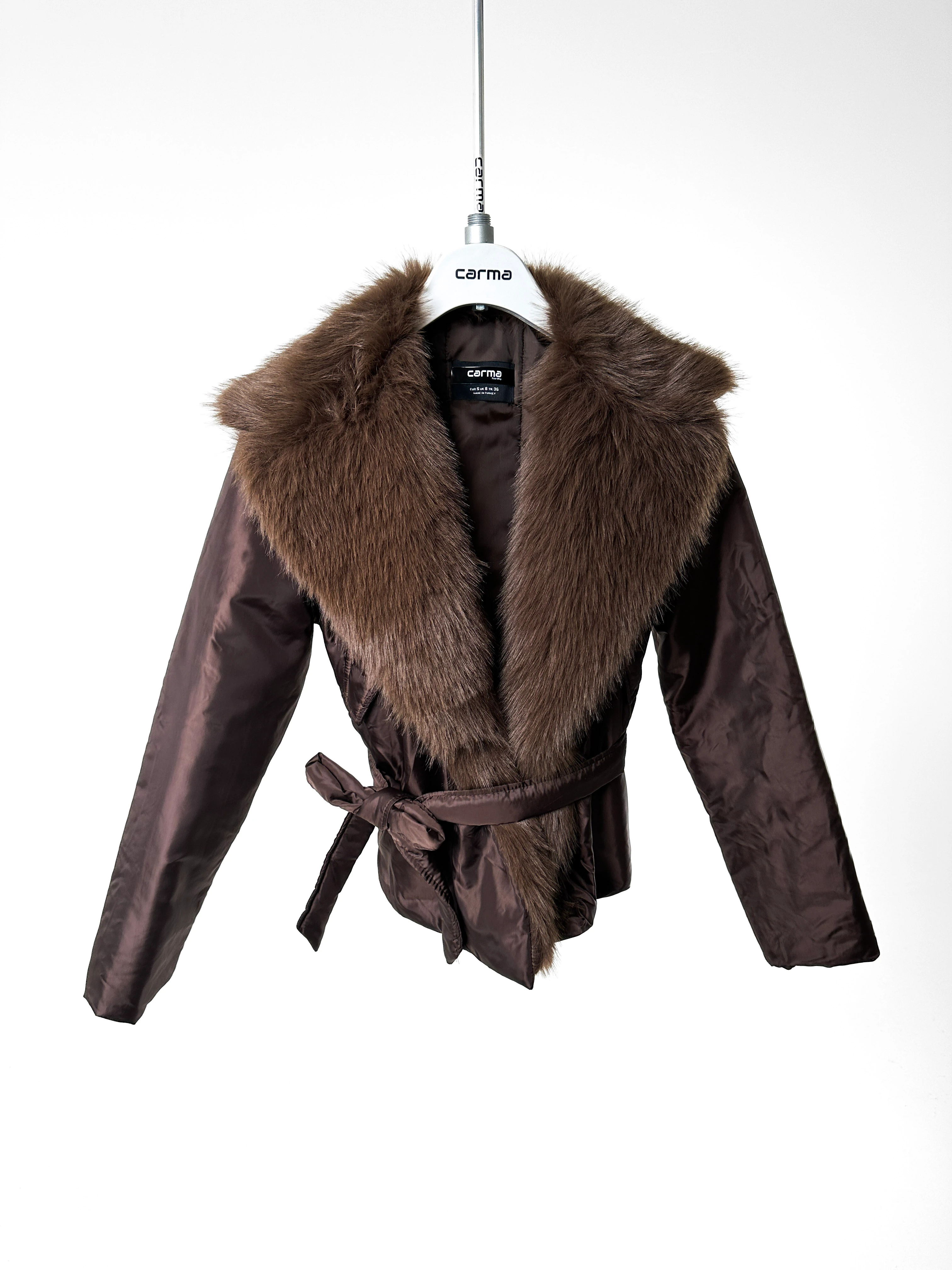 Kürklü Kuşaklı Mont - kahve