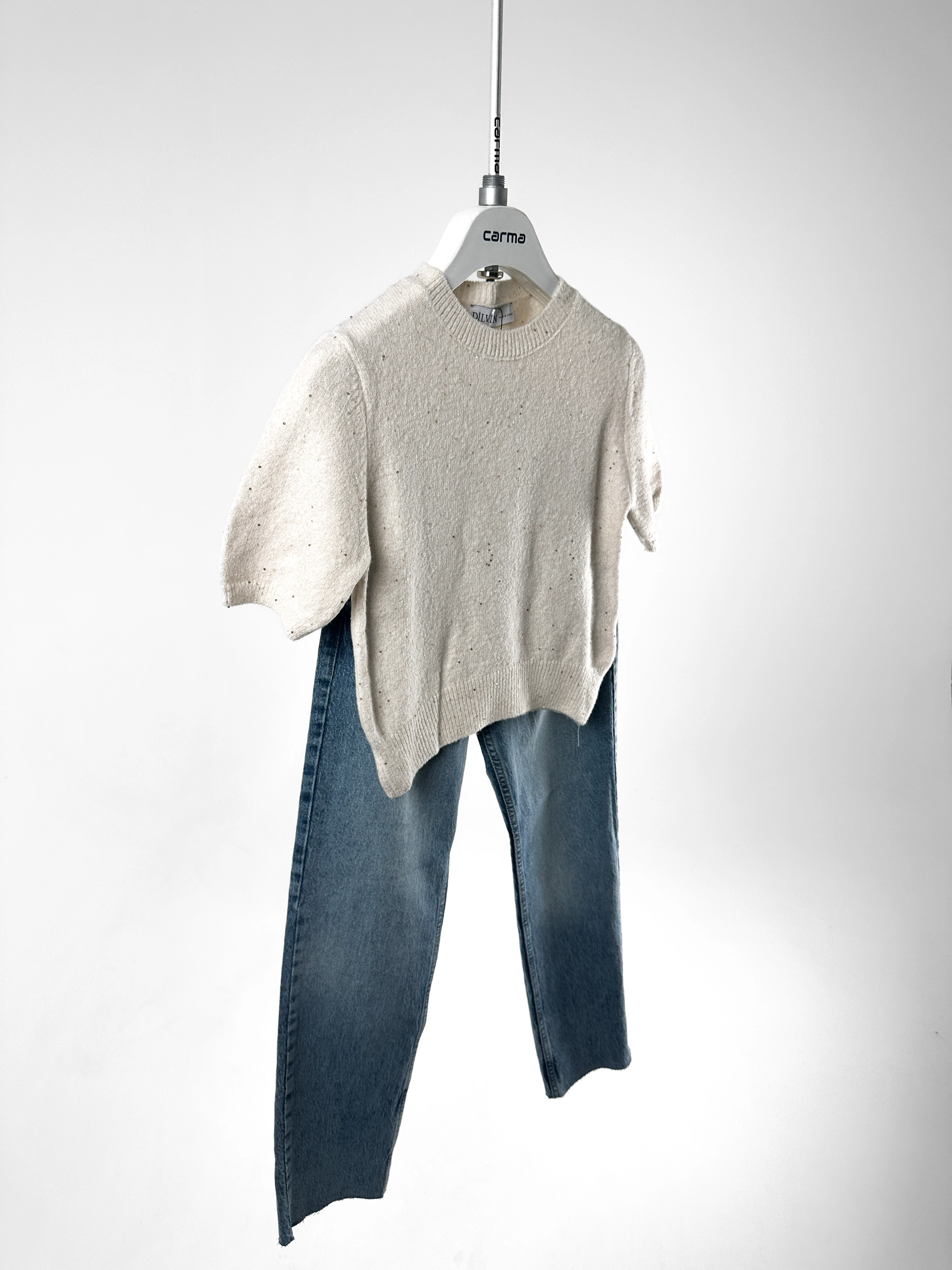 Pul Dokulu Simli Kısa Kol Kazak