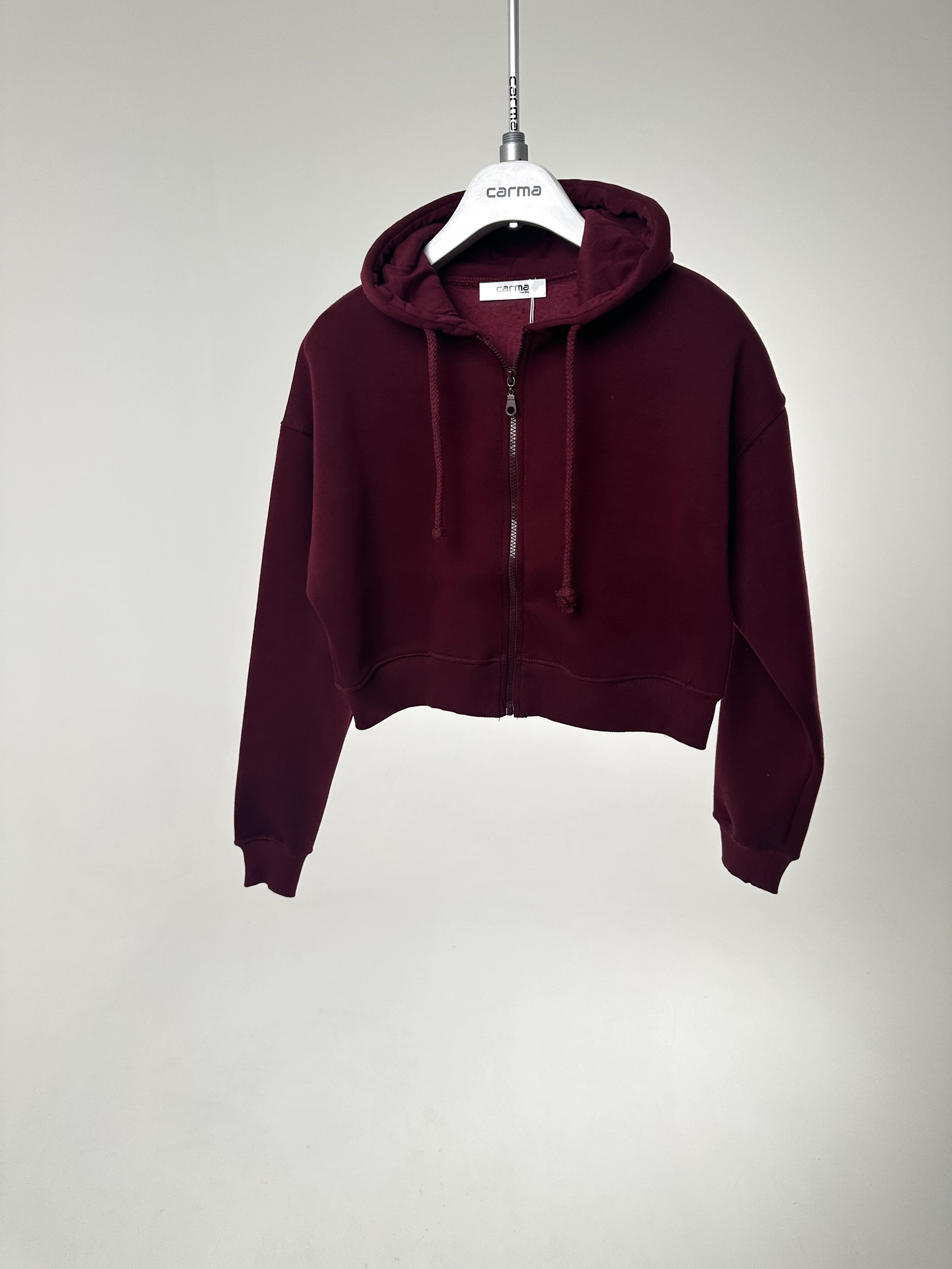 Basic Crop Zip Hoodie - bordo