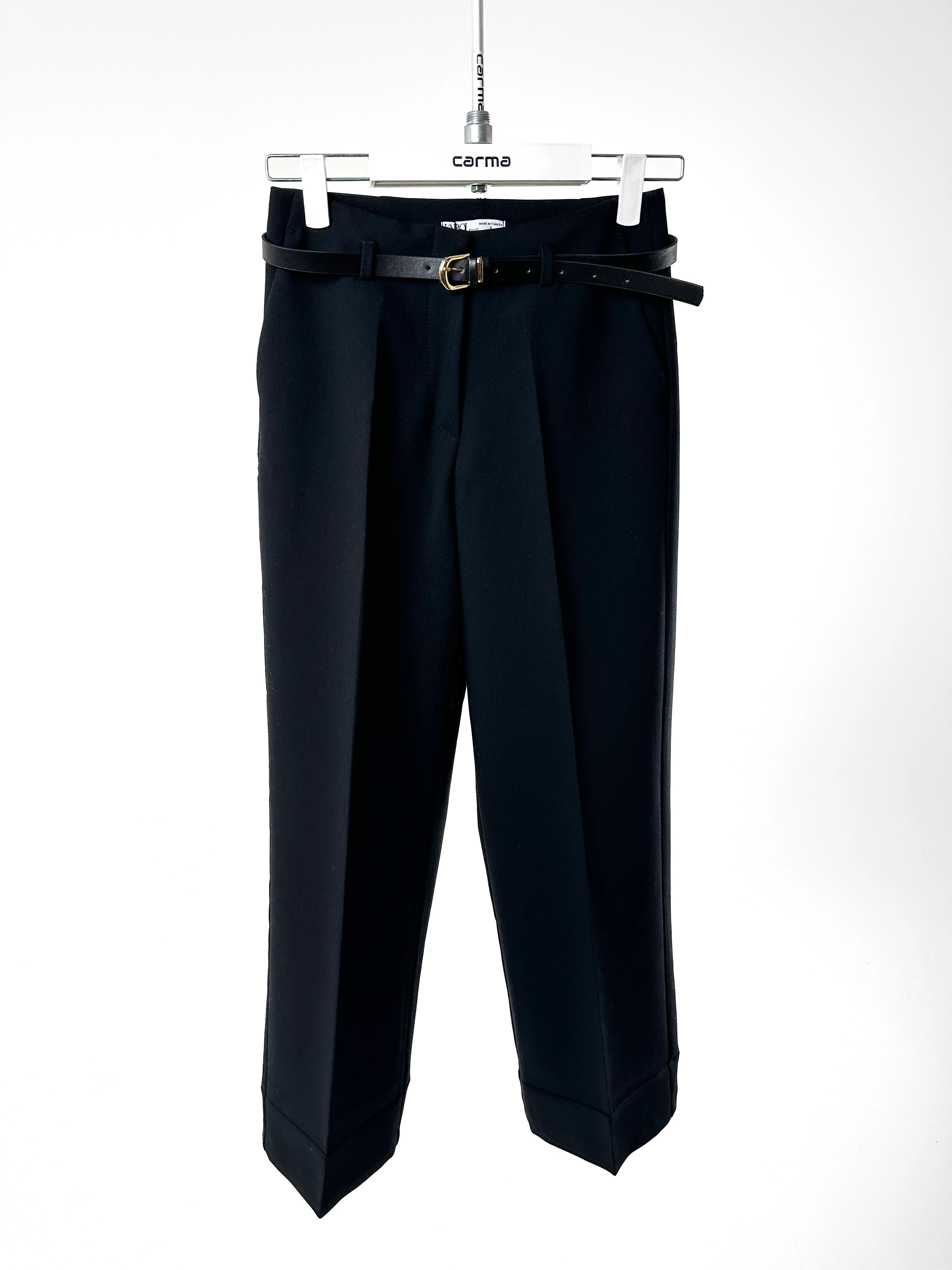 Kemerli Düz Paça Kumaş Pantolon - siyah