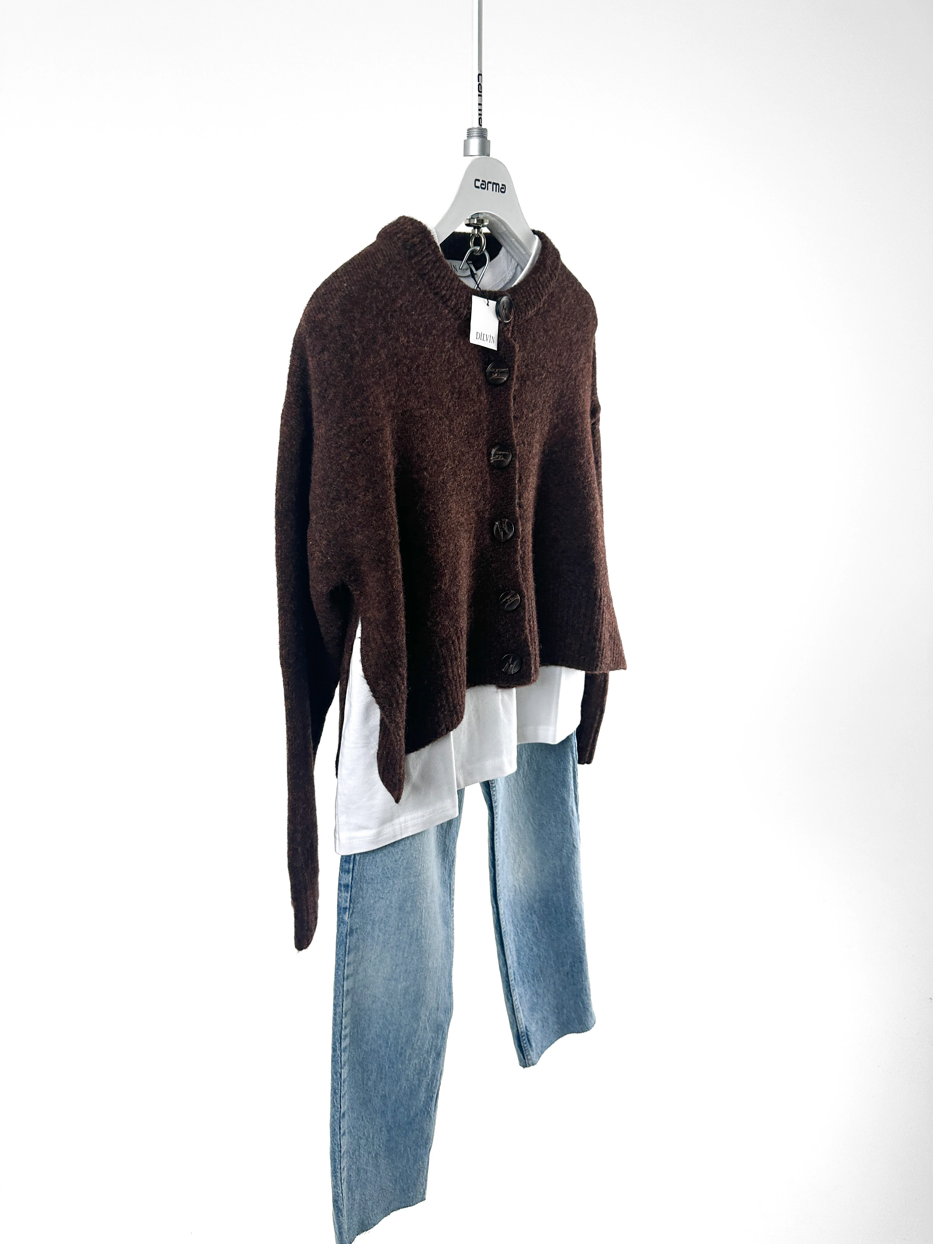 Kahverengi Düğmeli Oversize Triko