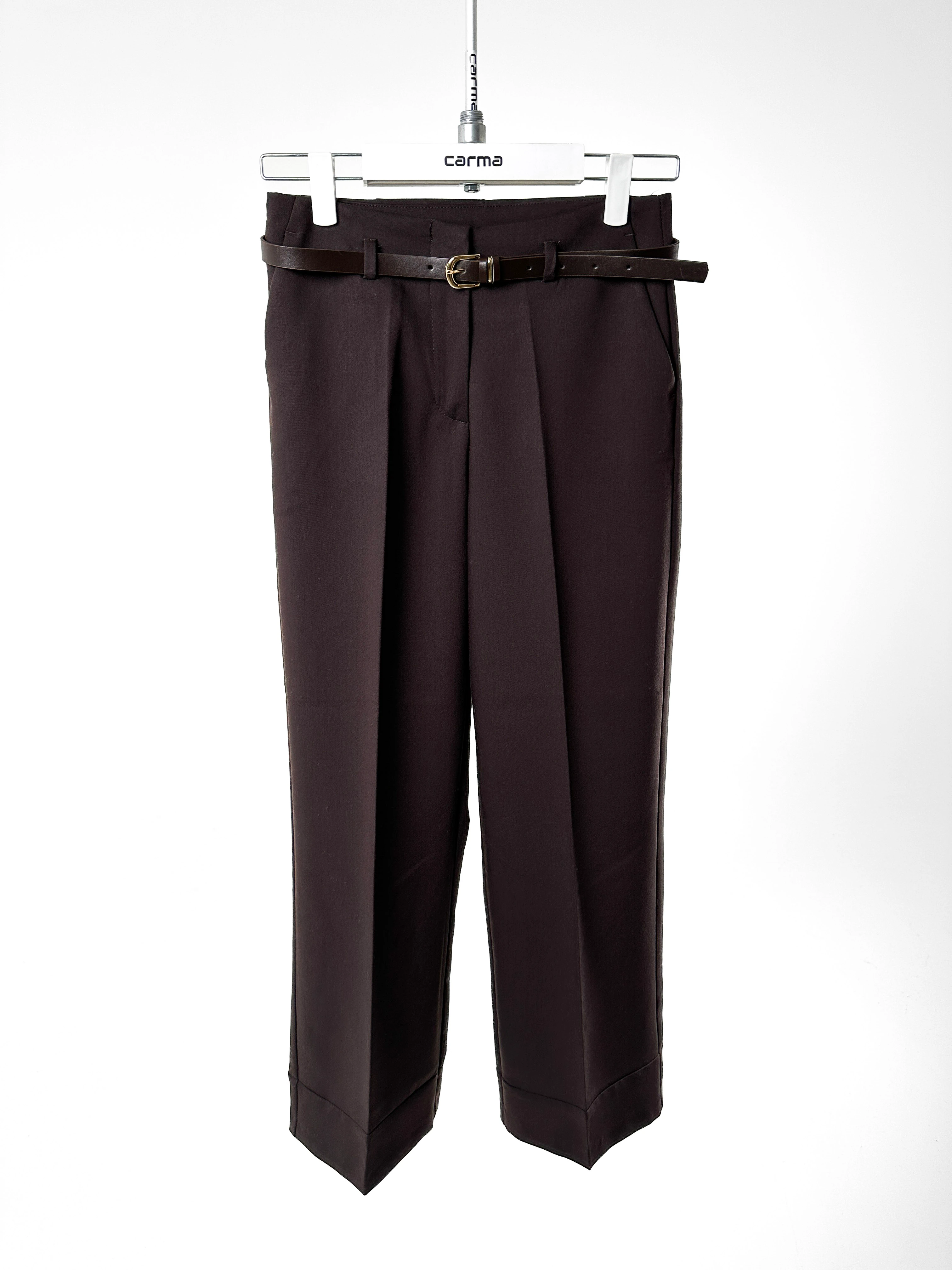 Kemerli Düz Paça Kumaş Pantolon - kahve