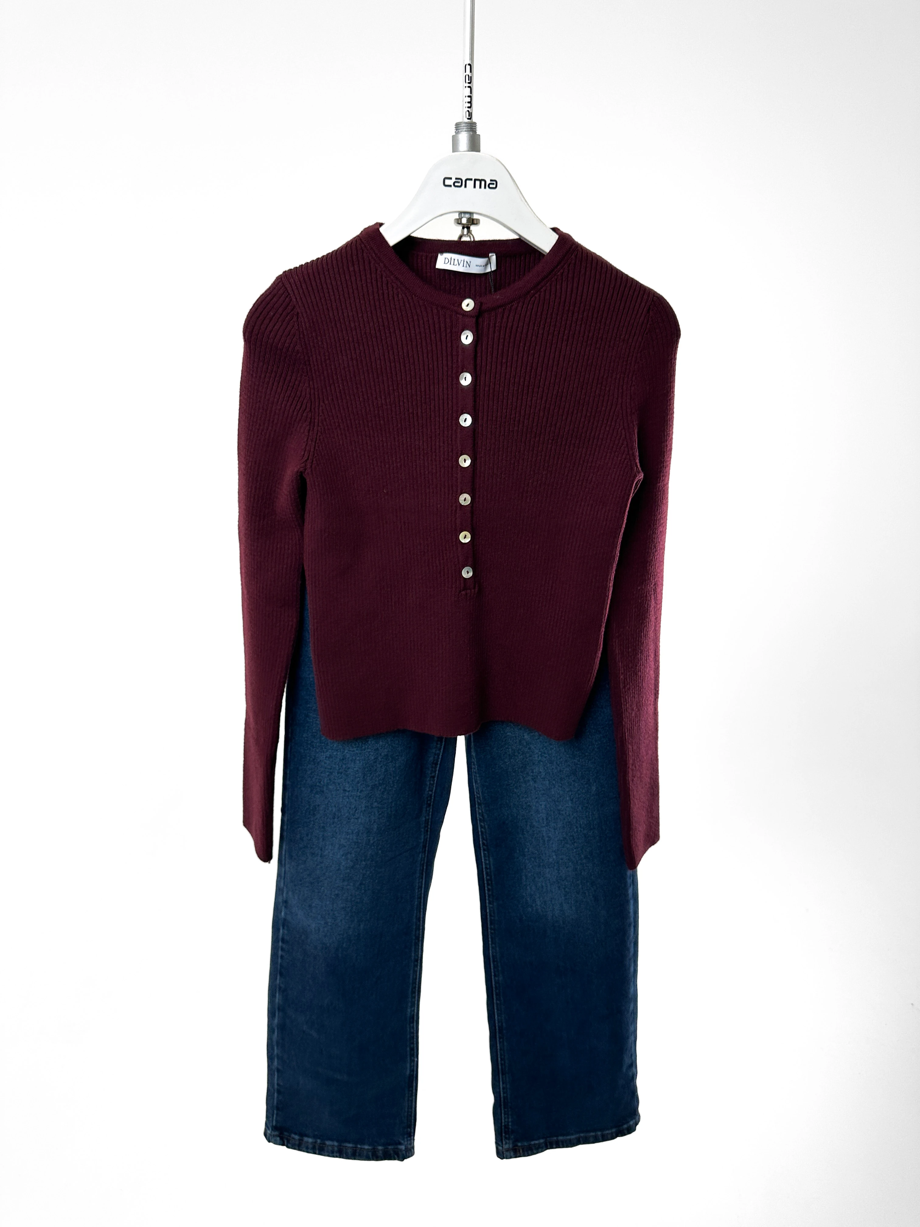 Düğmeli Fit Ribana Kazak - bordo