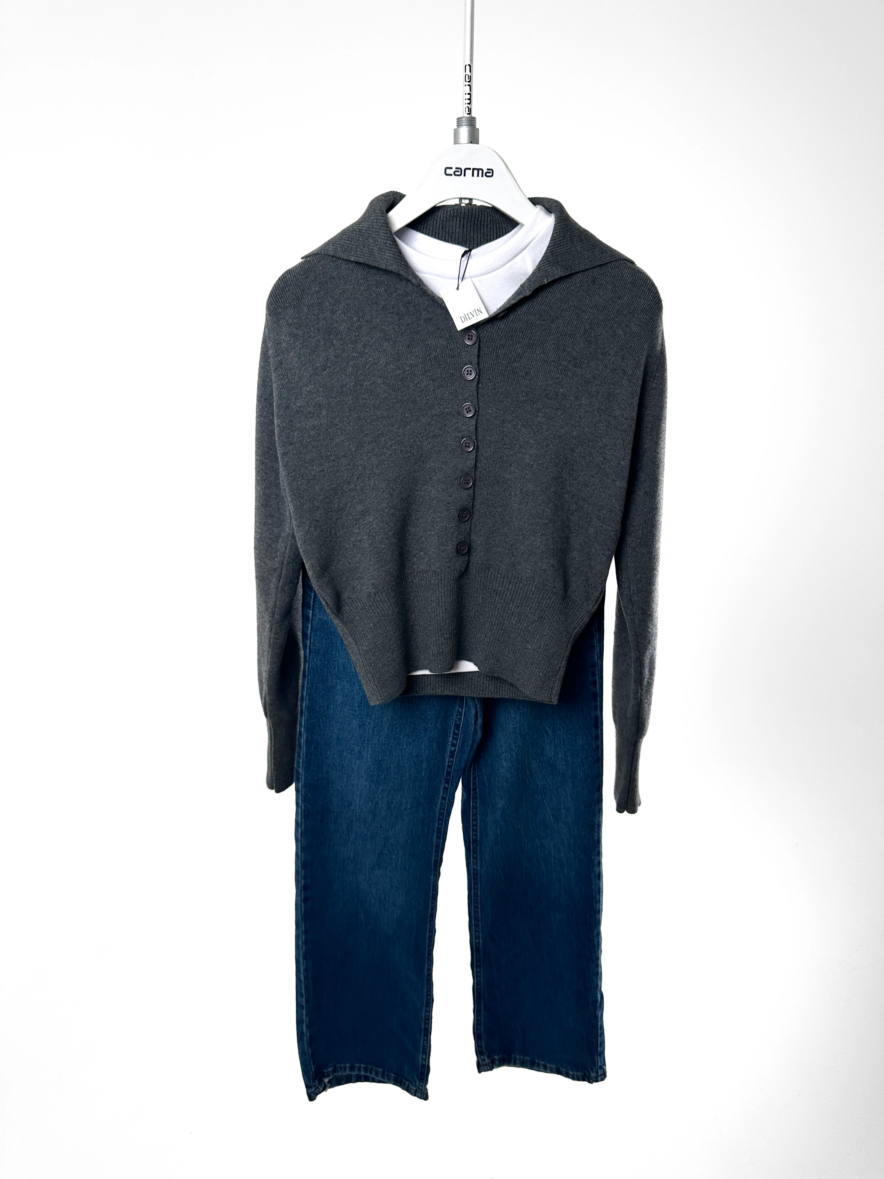 Düğmeli Polo Yaka Triko Hırka - antrasit