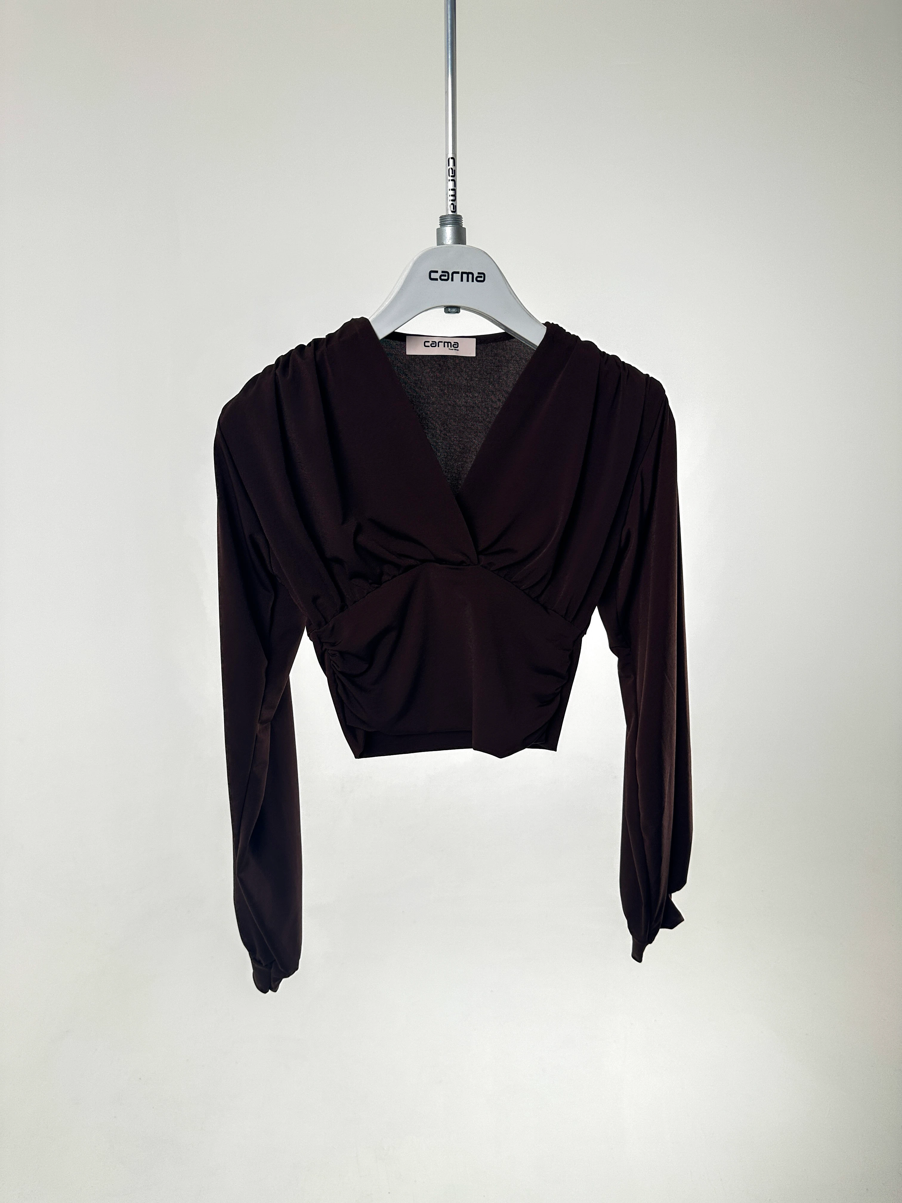 Drapeli V Yaka Crop Bluz - acı kahve