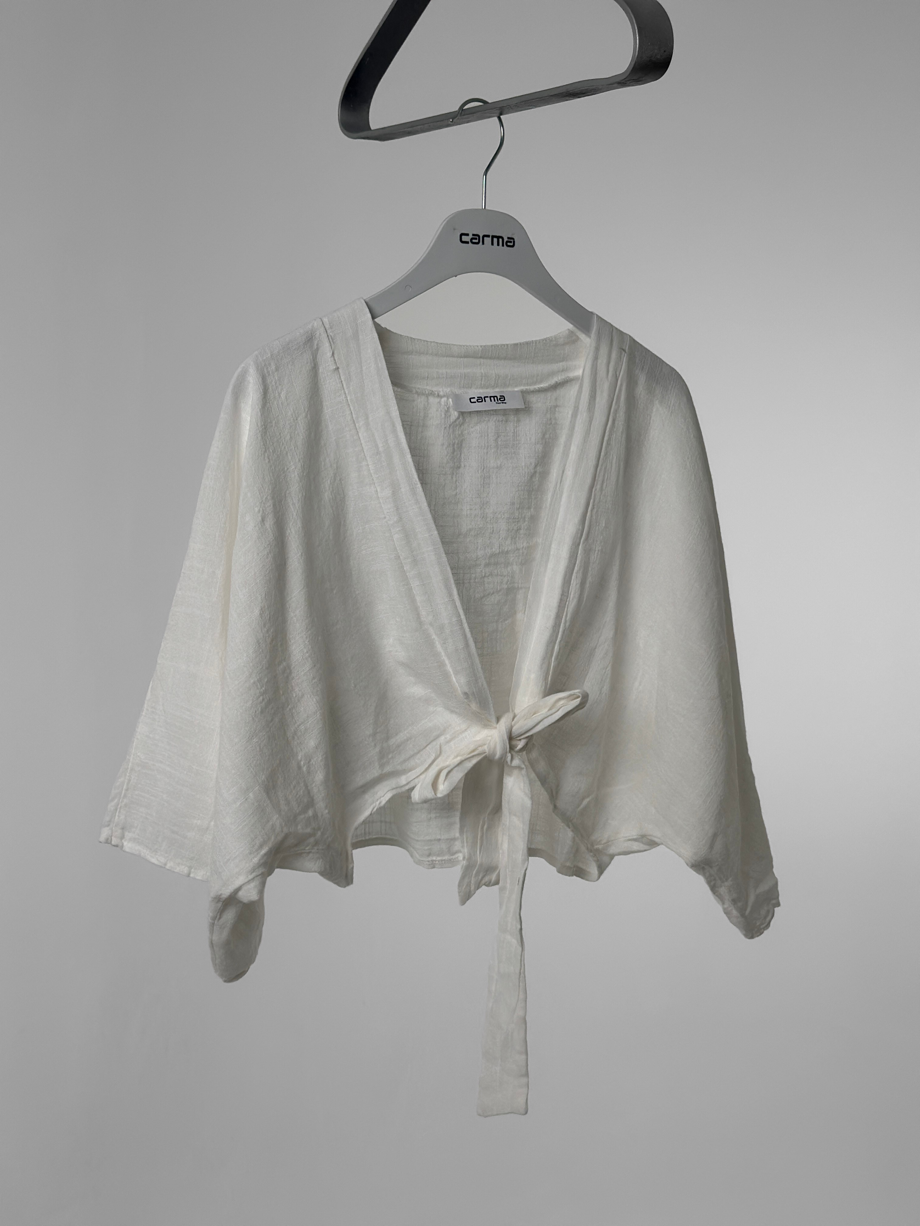 Keten Crop Kimono - beyaz