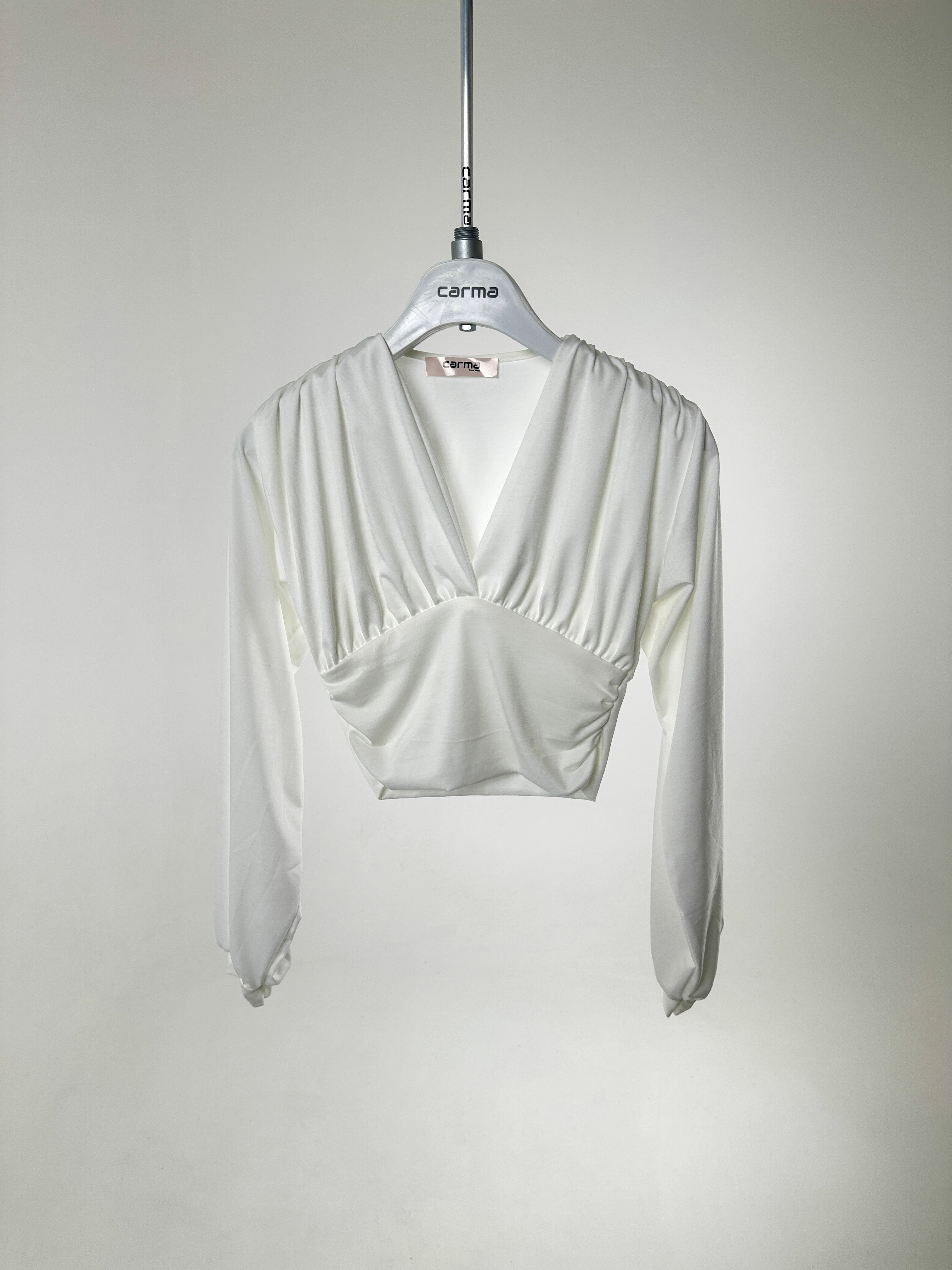 Drapeli V Yaka Crop Bluz - beyaz