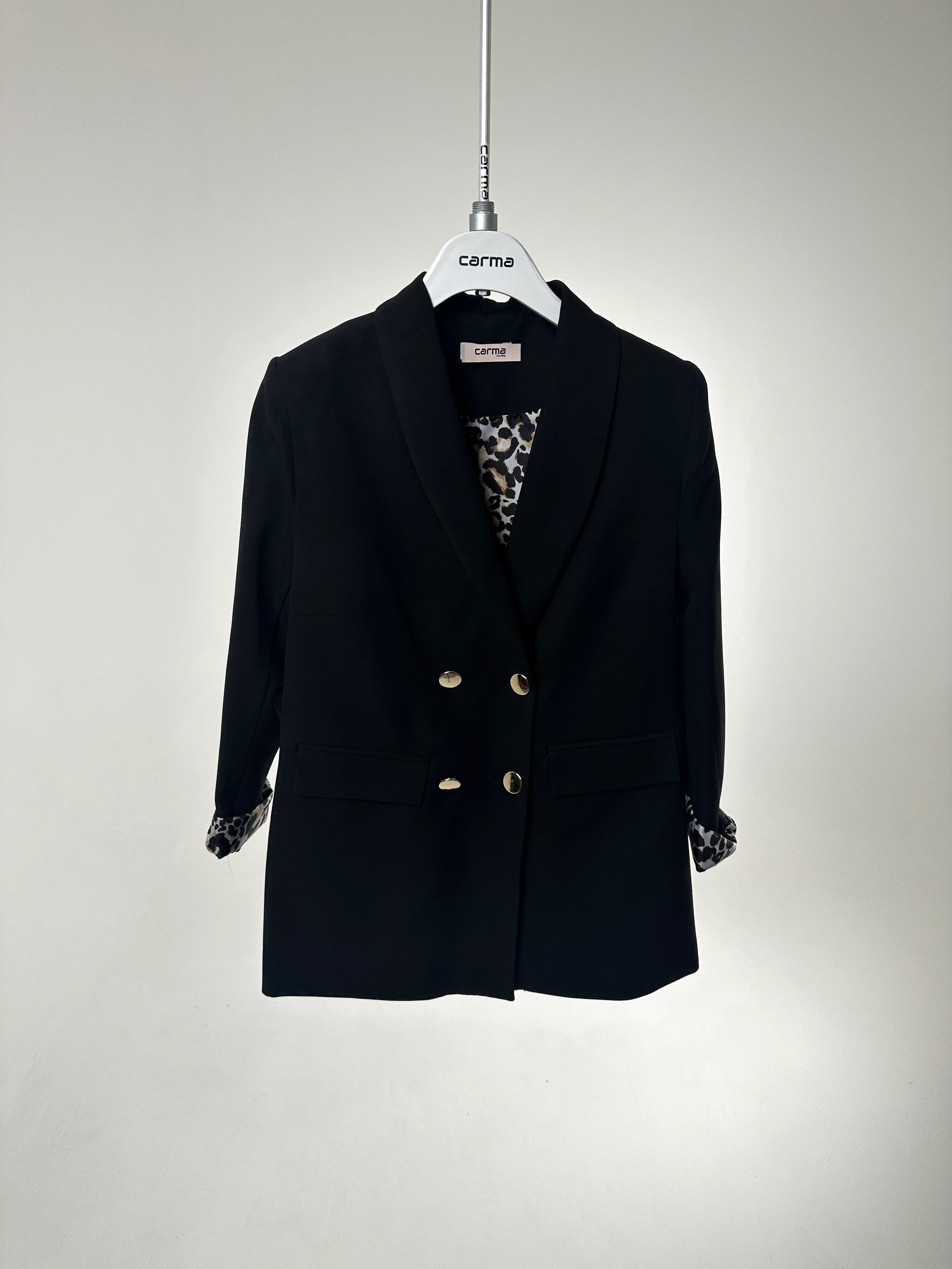 Leopar Astarlı Düğmeli Blazer Ceket - siyah