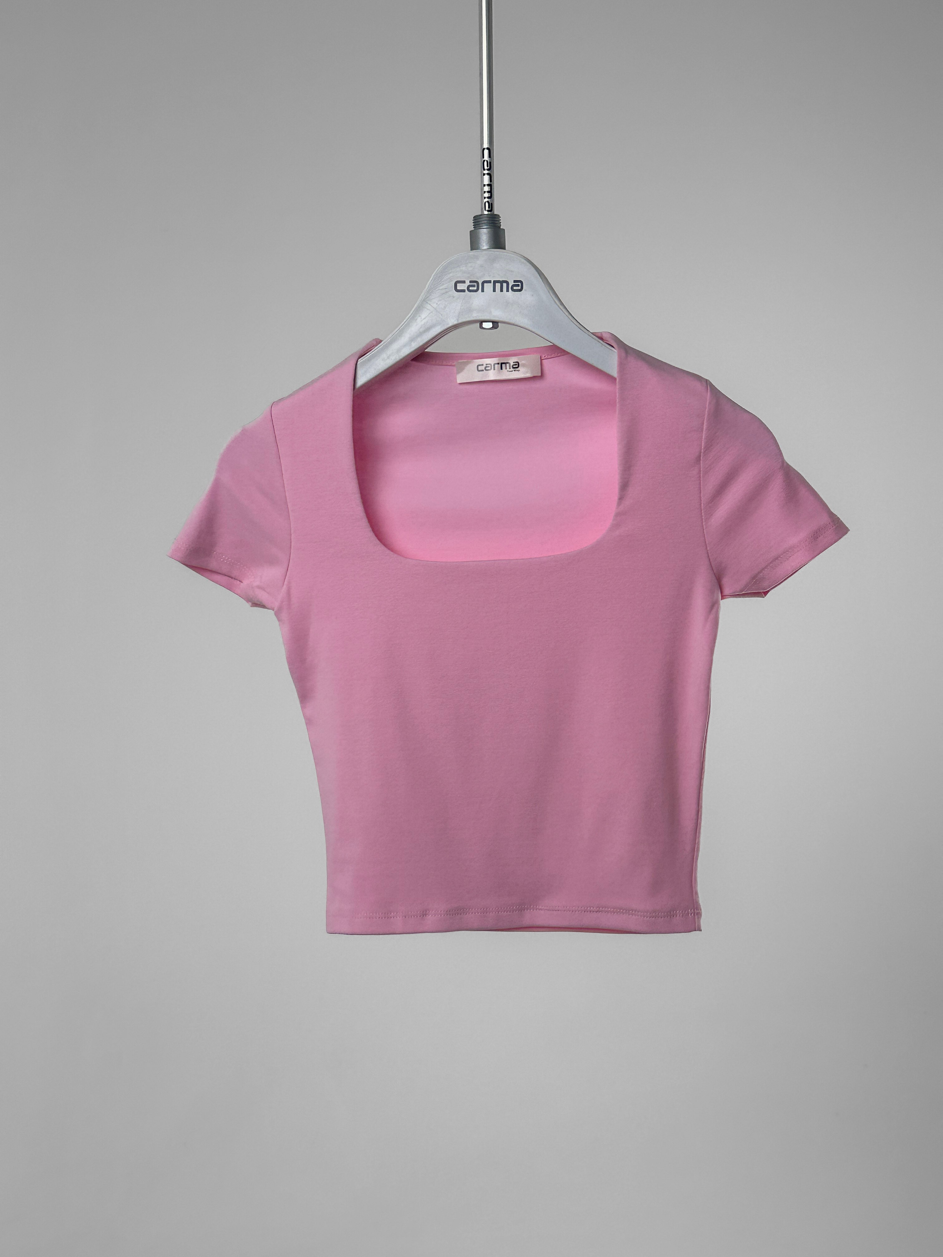 Kare Yaka Fit Crop - şeker pembe