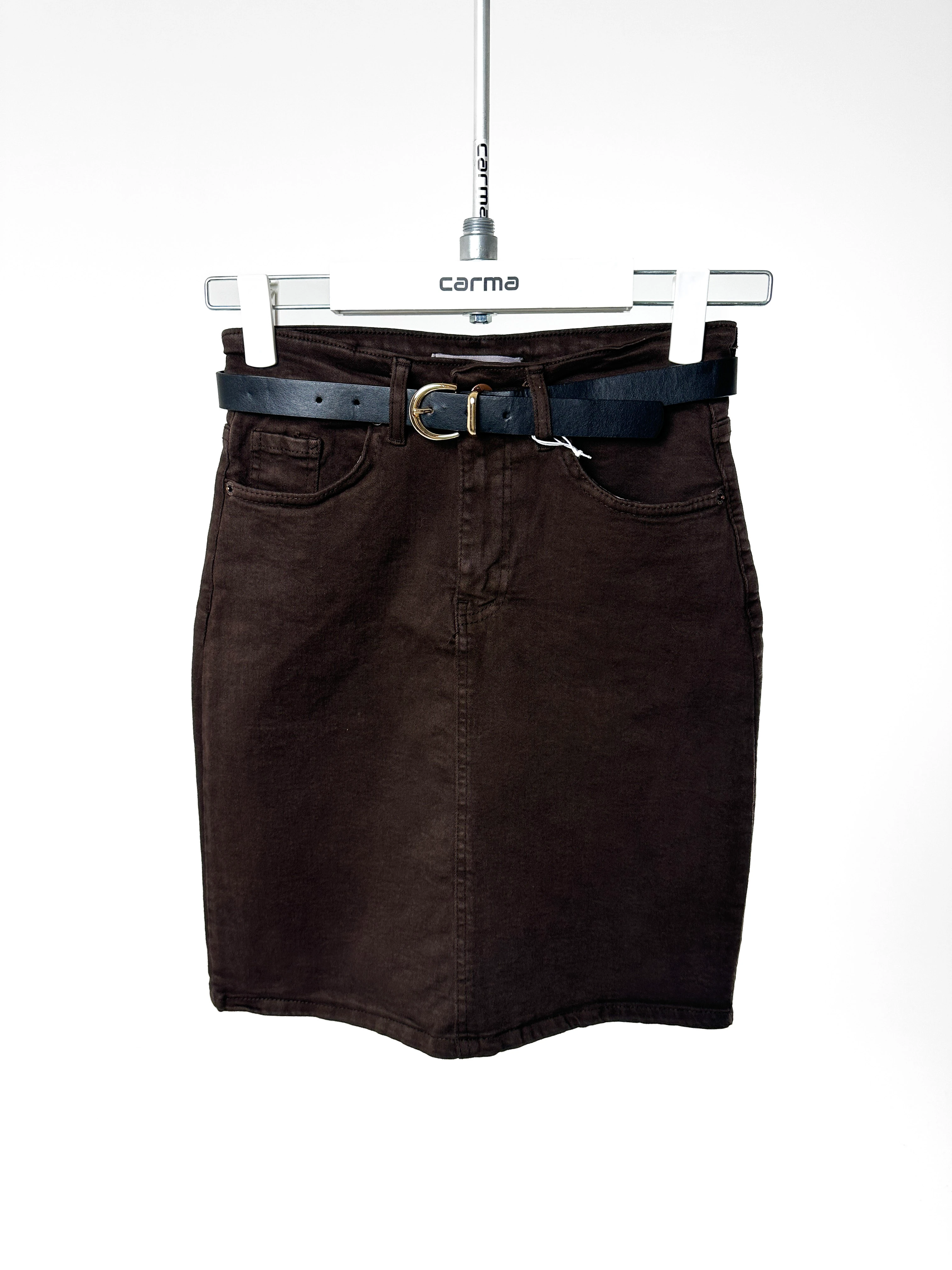 Kemerli Denim Mini Etek - kahve