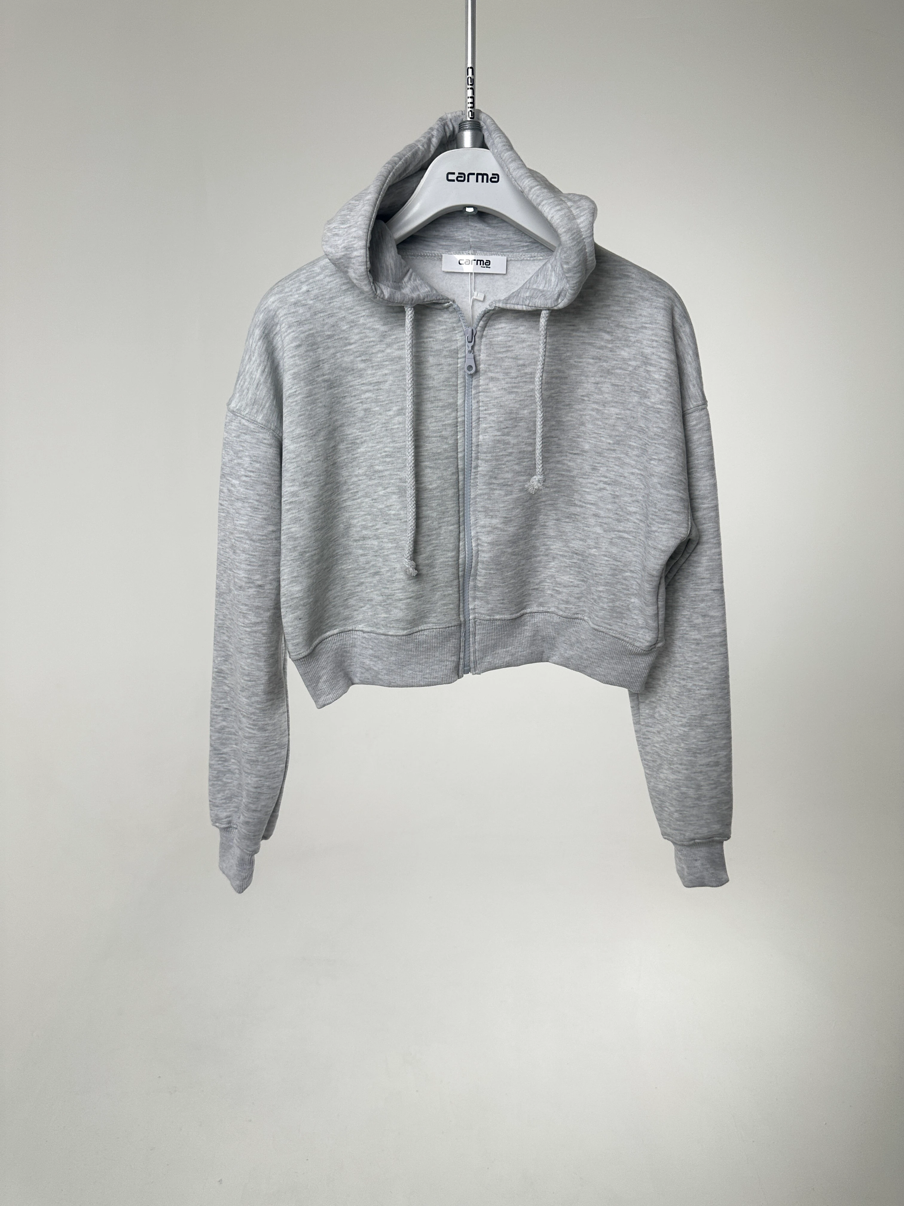 Basic Crop Zip Hoodie - açık gri