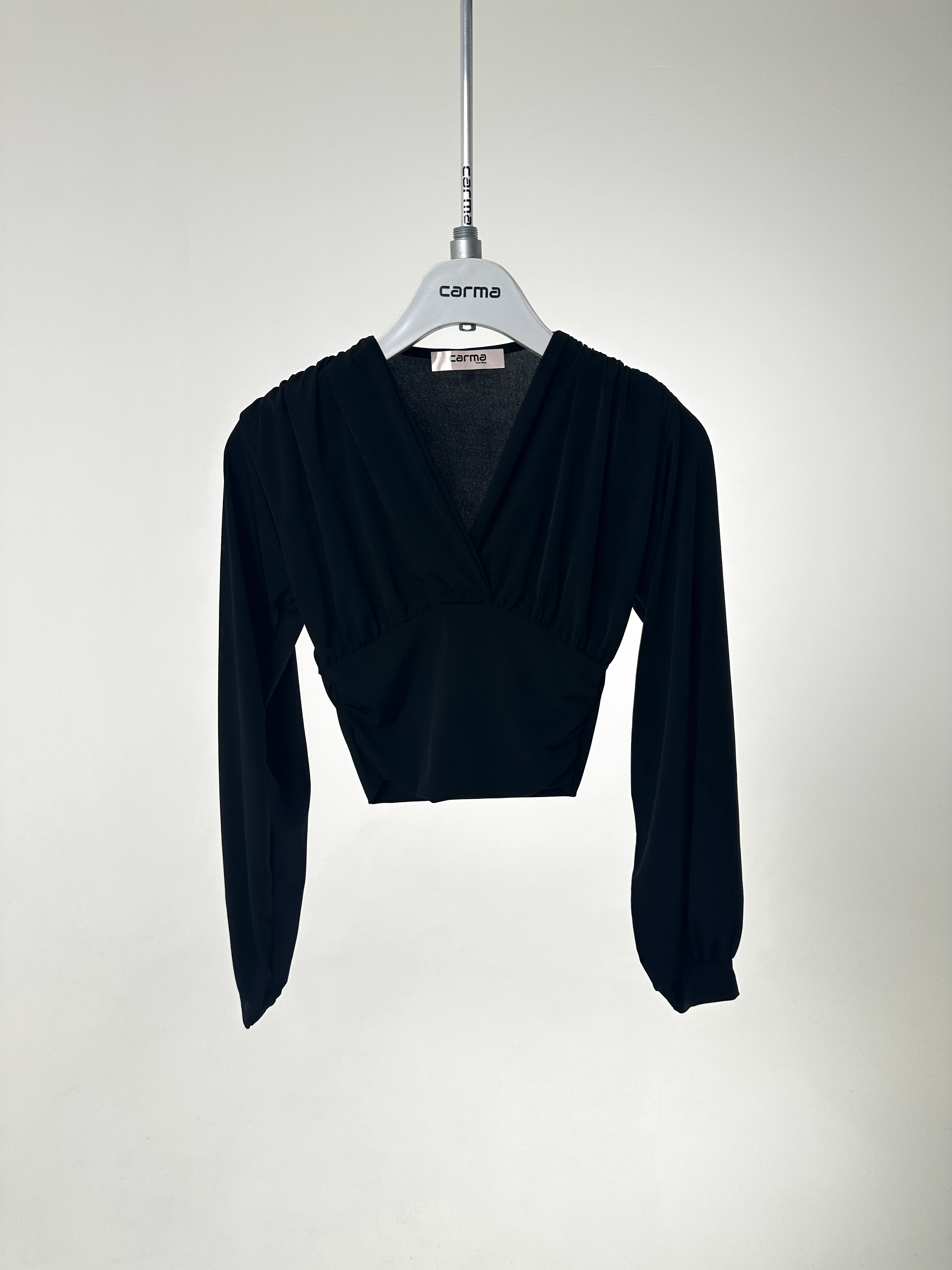 Drapeli V Yaka Crop Bluz - siyah