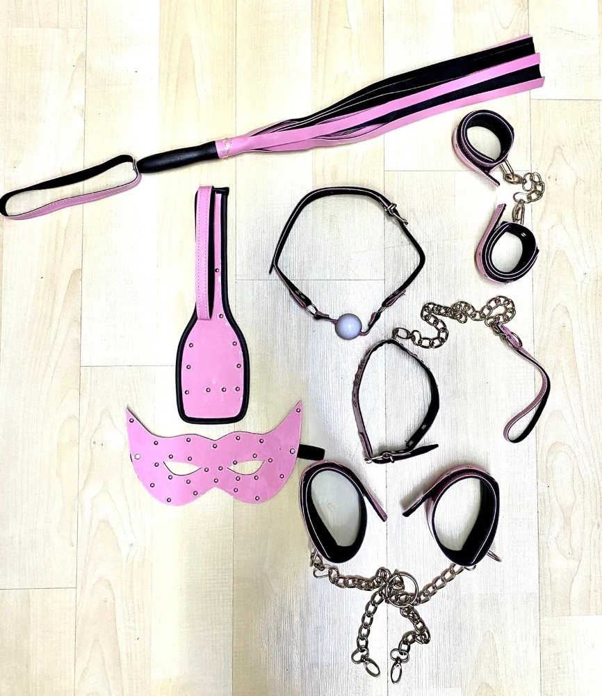 7 Parça Komple Deri Pembe Renk Fetiş Fantazi Seti