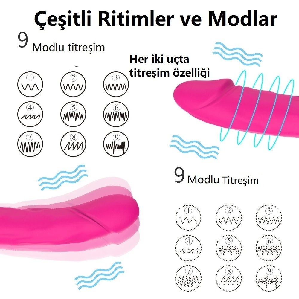 King 3 Kumandalı 9 Mod Titreşimli Çift Başlı Lezbiyen Penis Vibratör