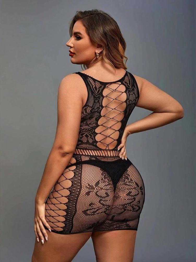 Büyük Beden Siyah İp Detaylı Fantezi Vücut Çorabı