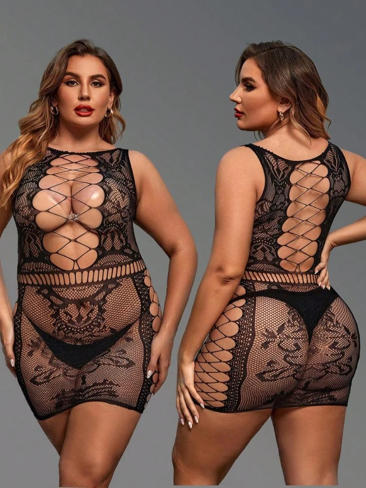 Büyük Beden Siyah İp Detaylı Fantezi Vücut Çorabı