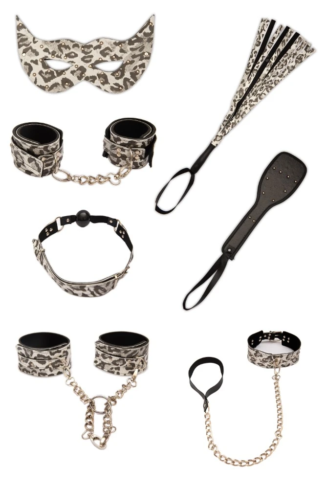 7 Parça Komple Deri Beyaz Leopar Fetiş Fantazi Seti