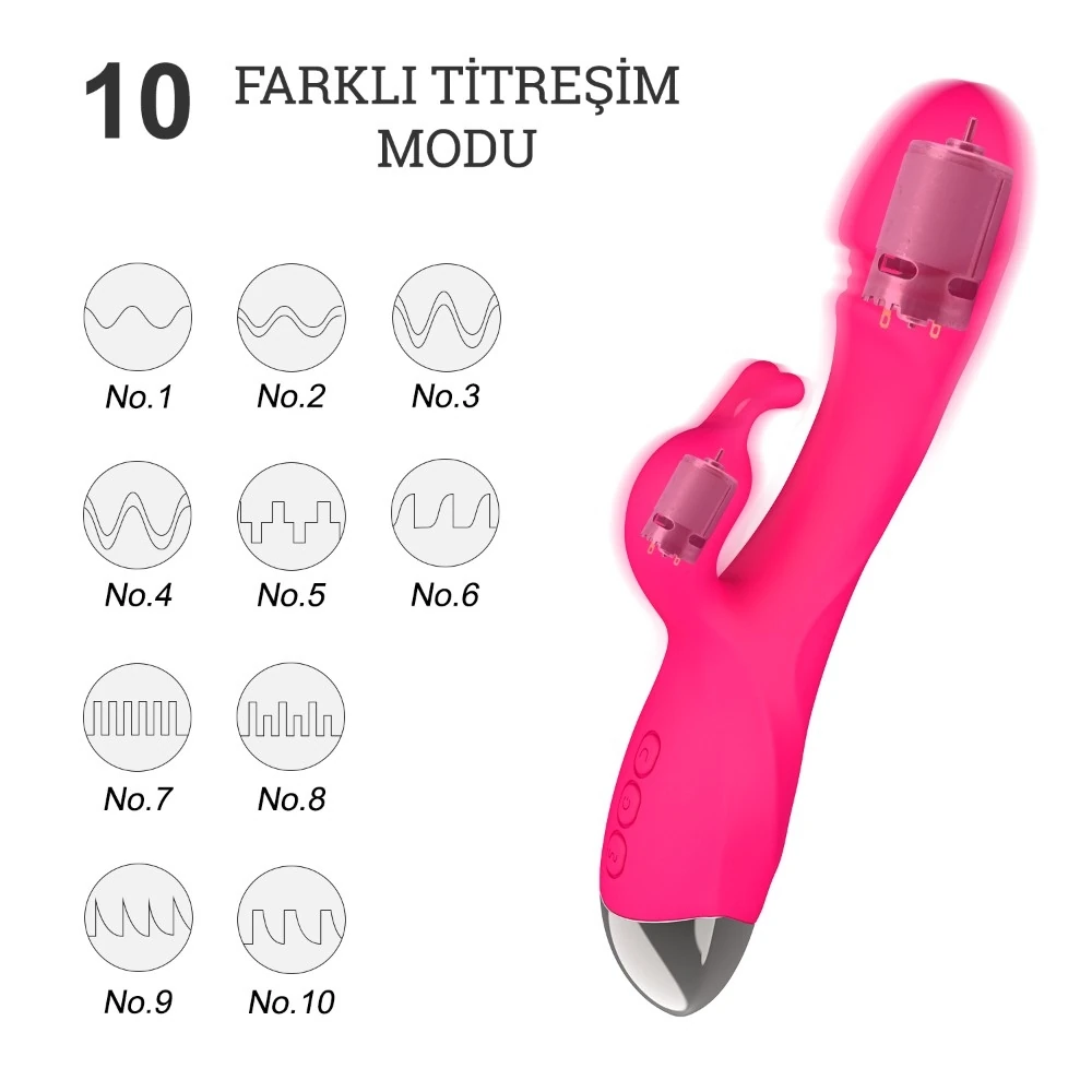 G Bölgesi ve Klitoris Özel 10 Modlu Titreşimli Şarjlı Su Geçirmez Pembe Vibratör