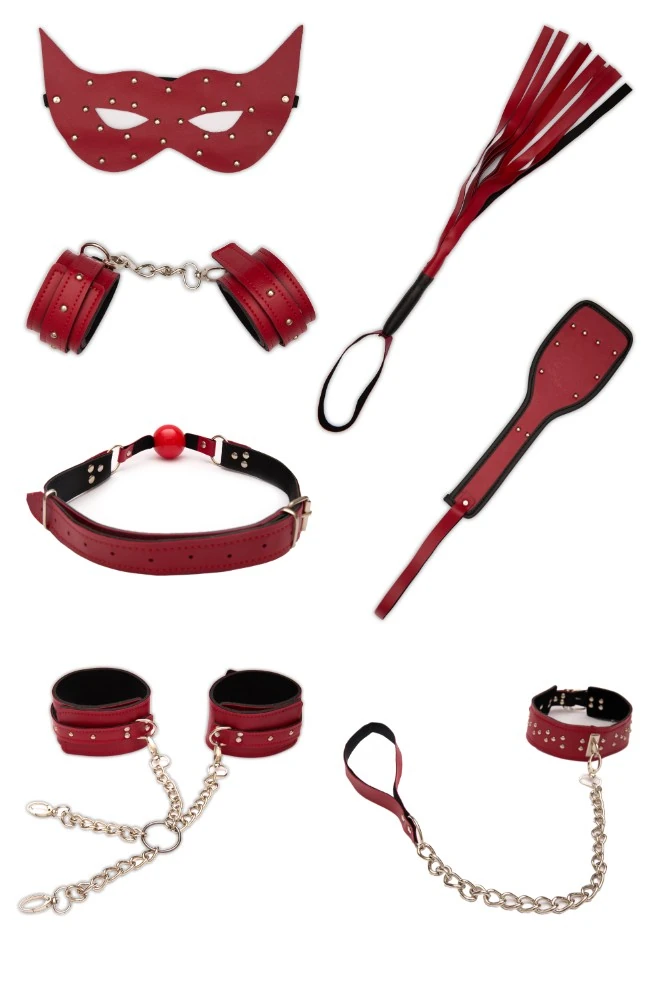 7 Parça Komple Deri Kırmızı Renk Fetiş Fantazi Seti