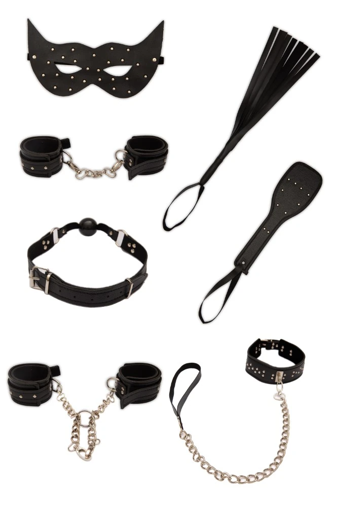 7 Parça Komple Deri Siyah Renk Fetiş Fantazi Seti