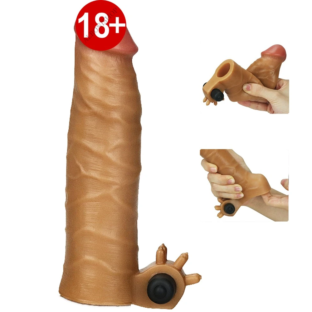 Özel Seri Et Dokulu Esmer Titreşimli 4 Cm Uzatmalı Penis Kılıfı