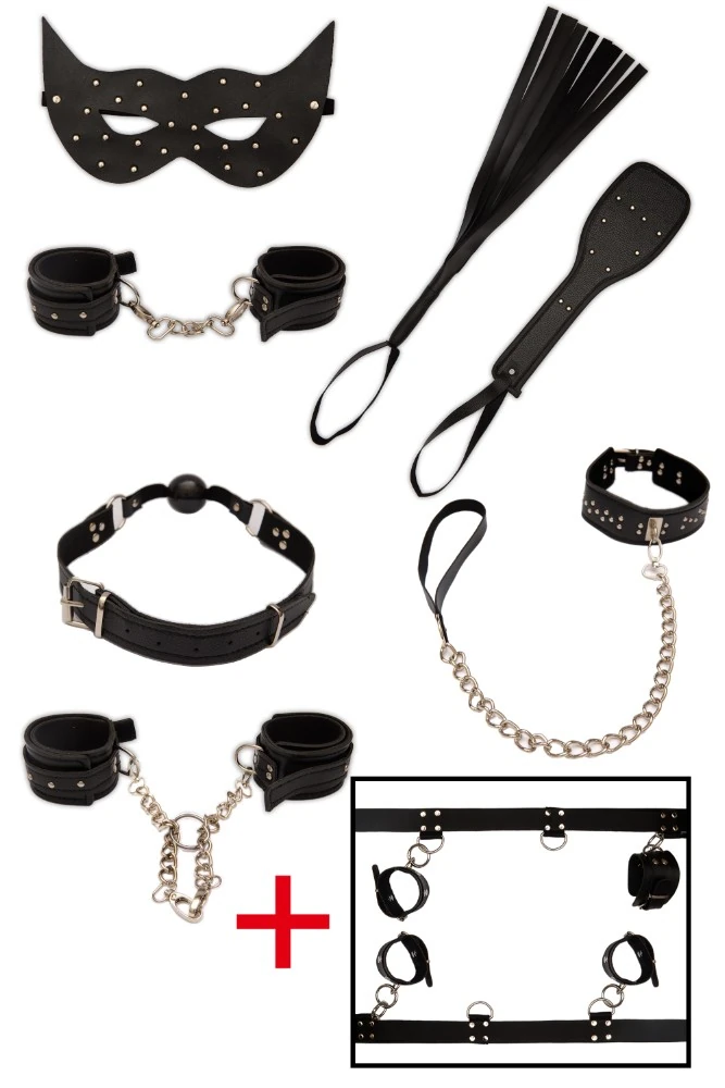 7 Parça Komple Deri Siyah Fetiş Seti + Yatak Bağlama Kelepçesi