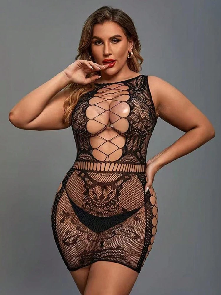 Büyük Beden Siyah İp Detaylı Fantezi Vücut Çorabı