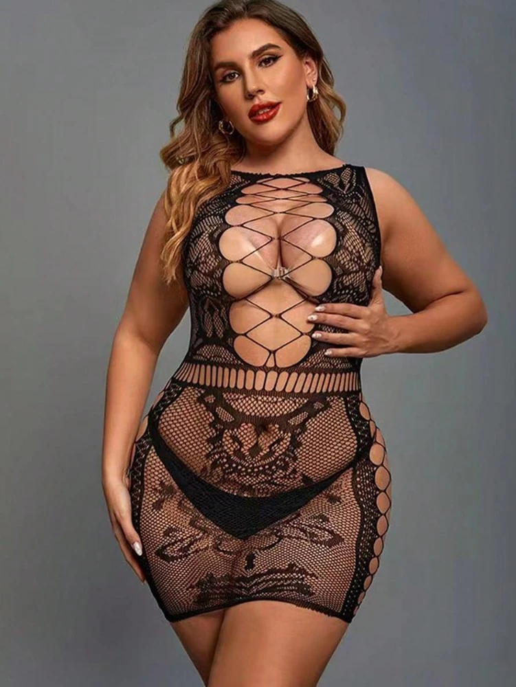 Büyük Beden Siyah İp Detaylı Fantezi Vücut Çorabı