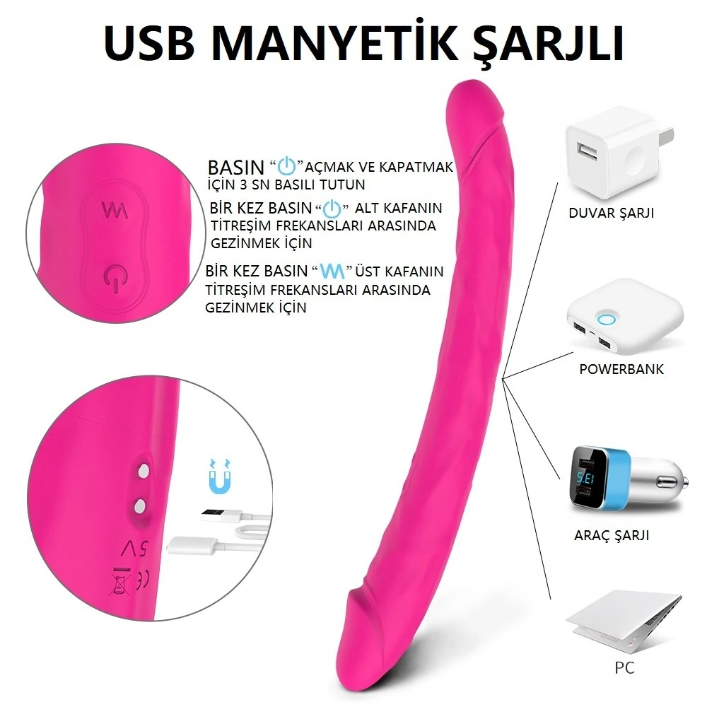 King 3 Kumandalı 9 Mod Titreşimli Çift Başlı Lezbiyen Penis Vibratör