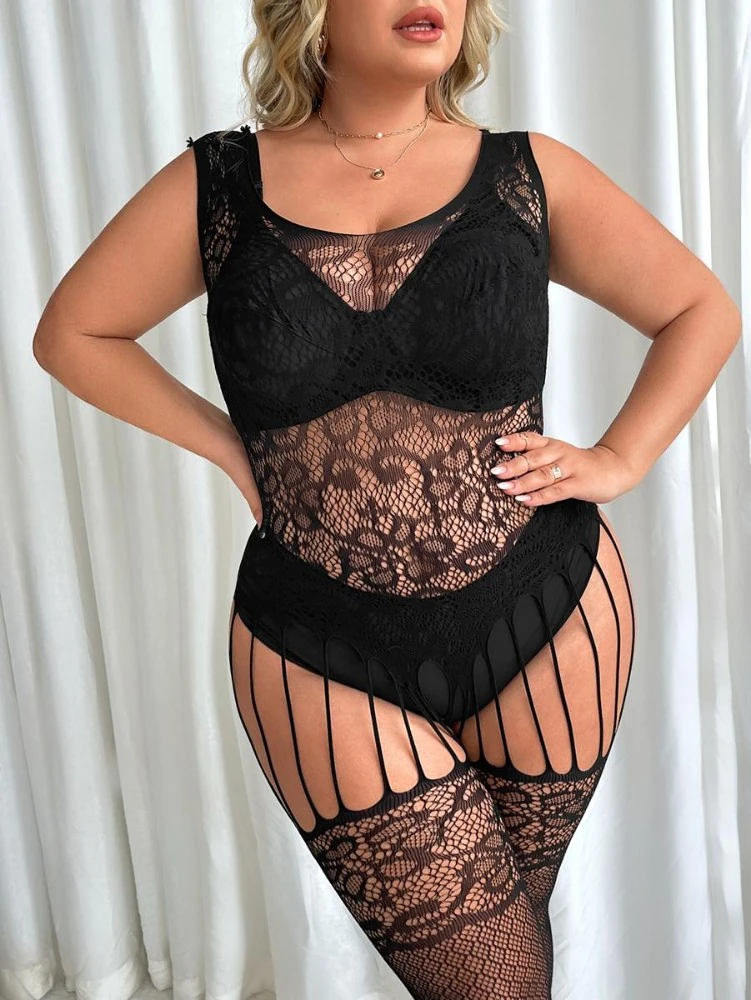 Büyük Beden Jartiyer Görünümlü Siyah Fantezi Vücut Çorabı