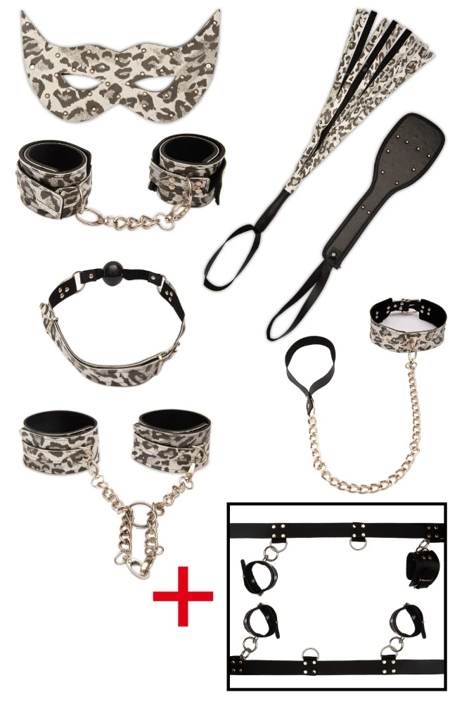 7 Parça Komple Beyaz Deri Leopar Fetiş Seti + Yatak Bağlama Kelepçesi