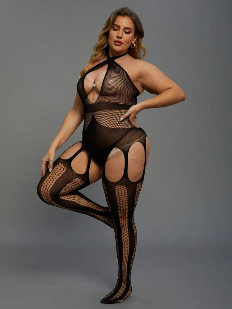 Jartiyer Görünümlü Büyük Beden Fantezi Vücut Çorabı