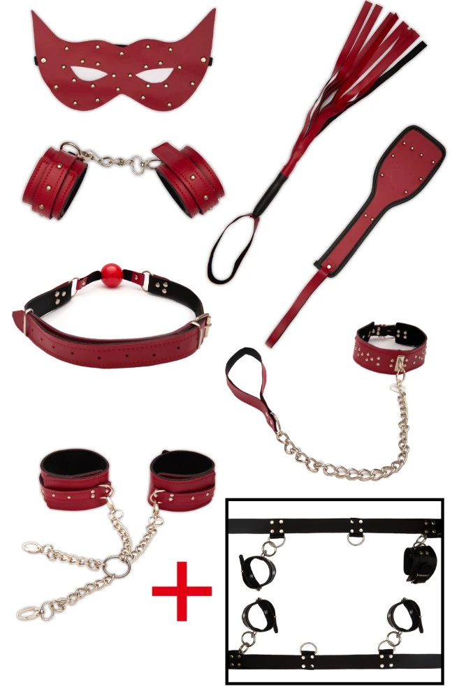 7 Parça Komple Deri Kırmızı Fetiş Seti + Yatak Bağlama Kelepçesi