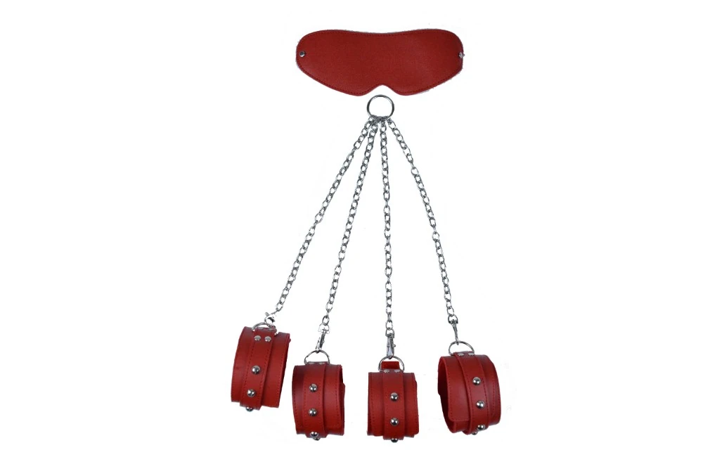 Kırmızı Maskeli Deri El Ayak Kelepçe Seti