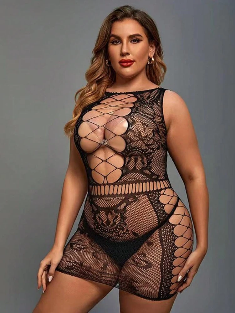 Büyük Beden Siyah İp Detaylı Fantezi Vücut Çorabı