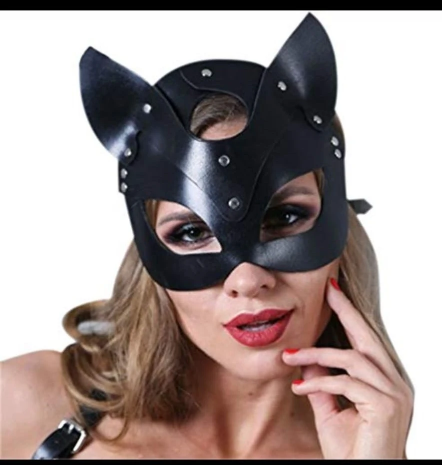 Deri Siyah Kedi Kız Maskesi