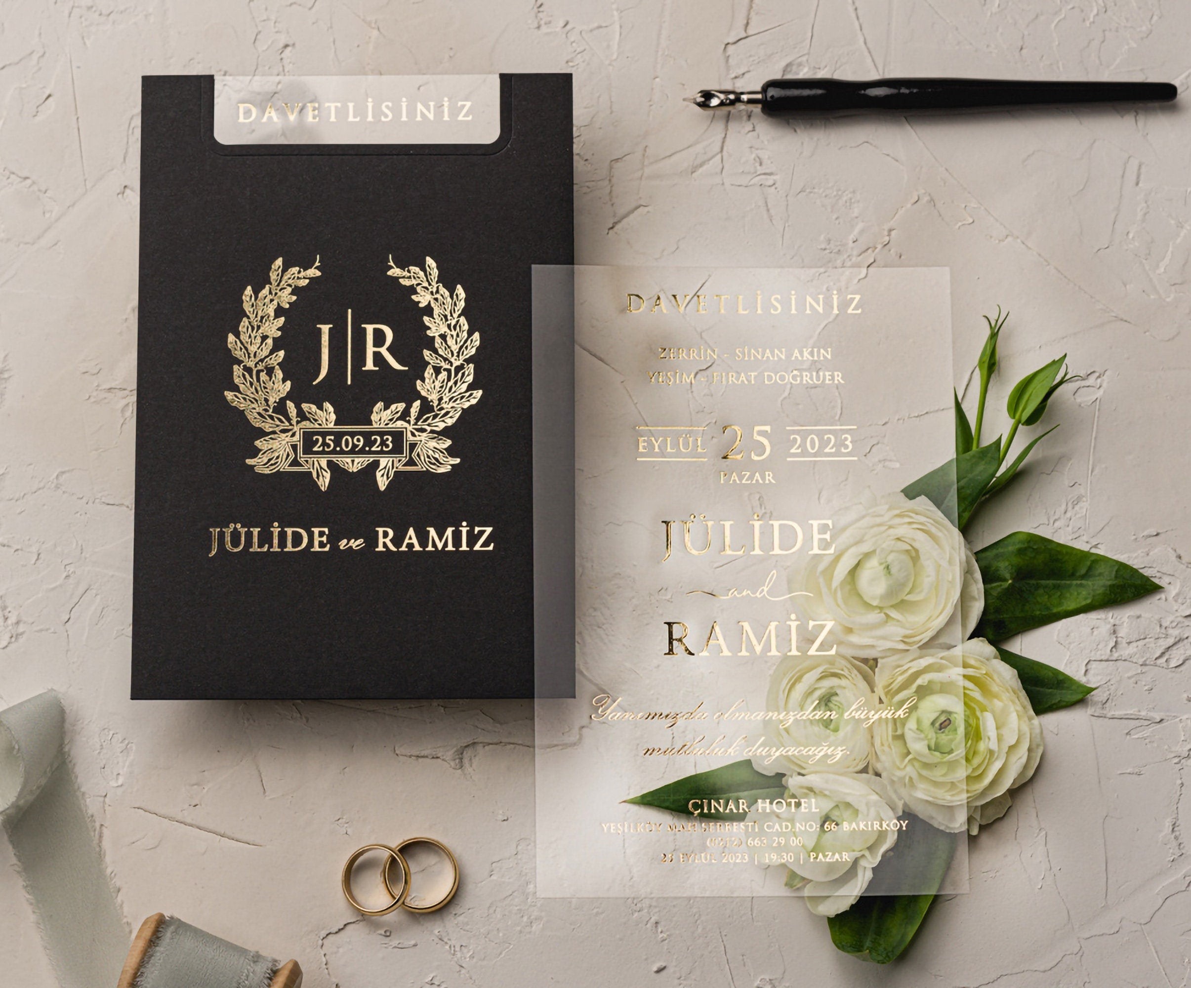 Black Sleeve Gold Foil Acrylic Invitations, Pocket Style Elegant Wedding Invitations, Black Invites, Clear Transparent,