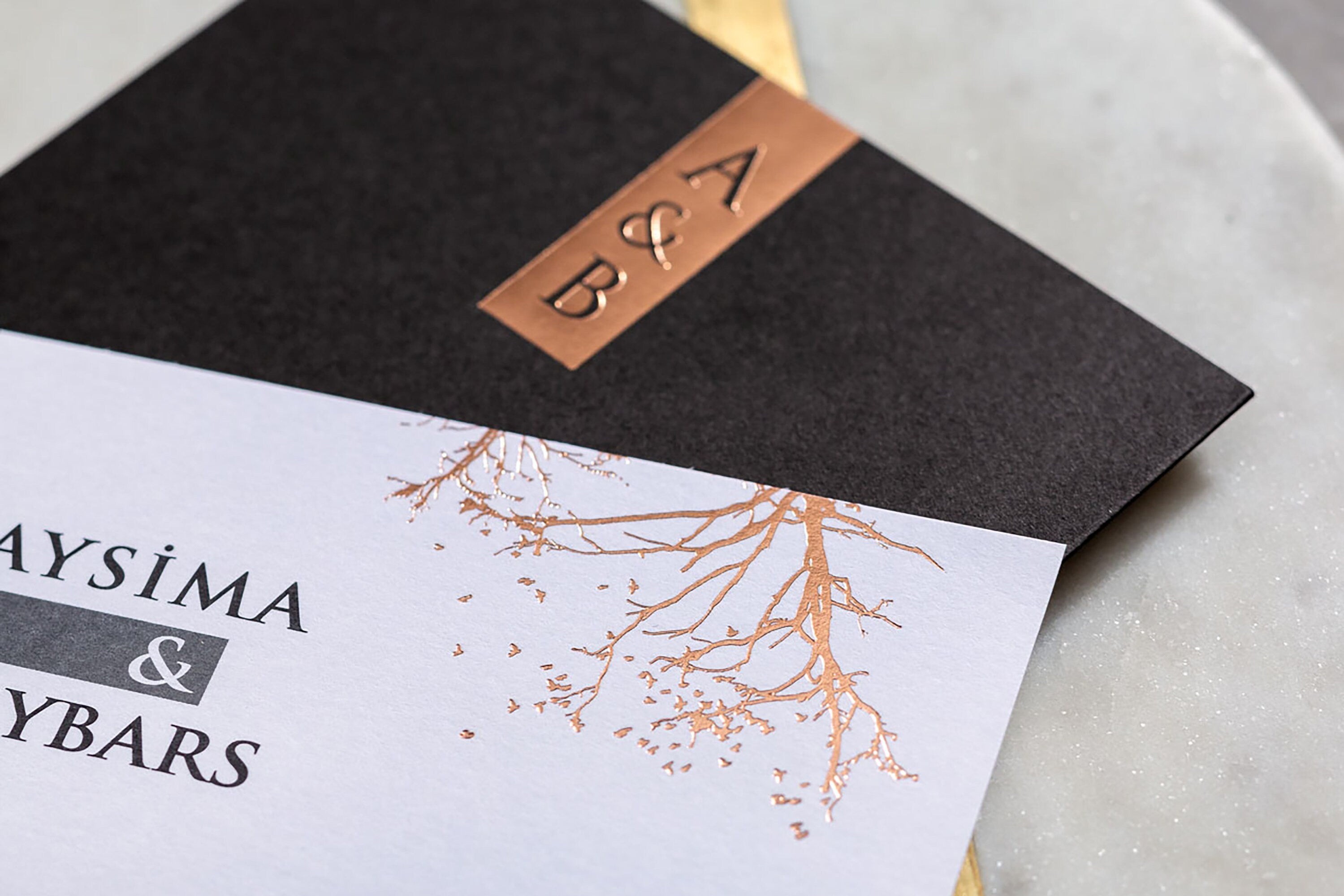 Elegant Wedding Invitation with Copper Foil, Initials on Envelope, Copper Invitation Template, Tree Wedding Invitation, Real Foil