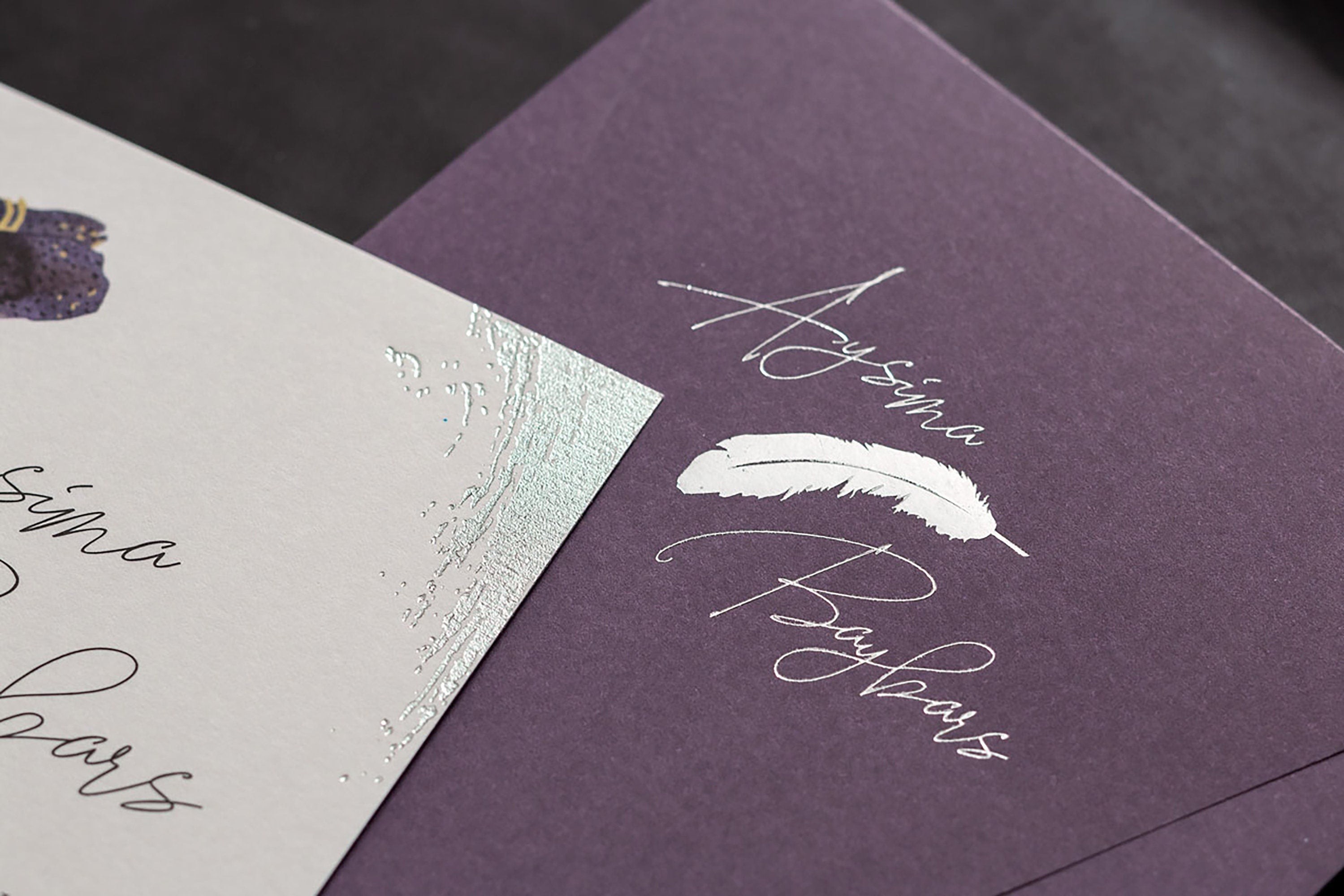 Purple Wedding Stationery, Wedding Invitation Grey, Wedding Invitation with Purple Tone, Elegant Feather Collection, Timeless Invitation