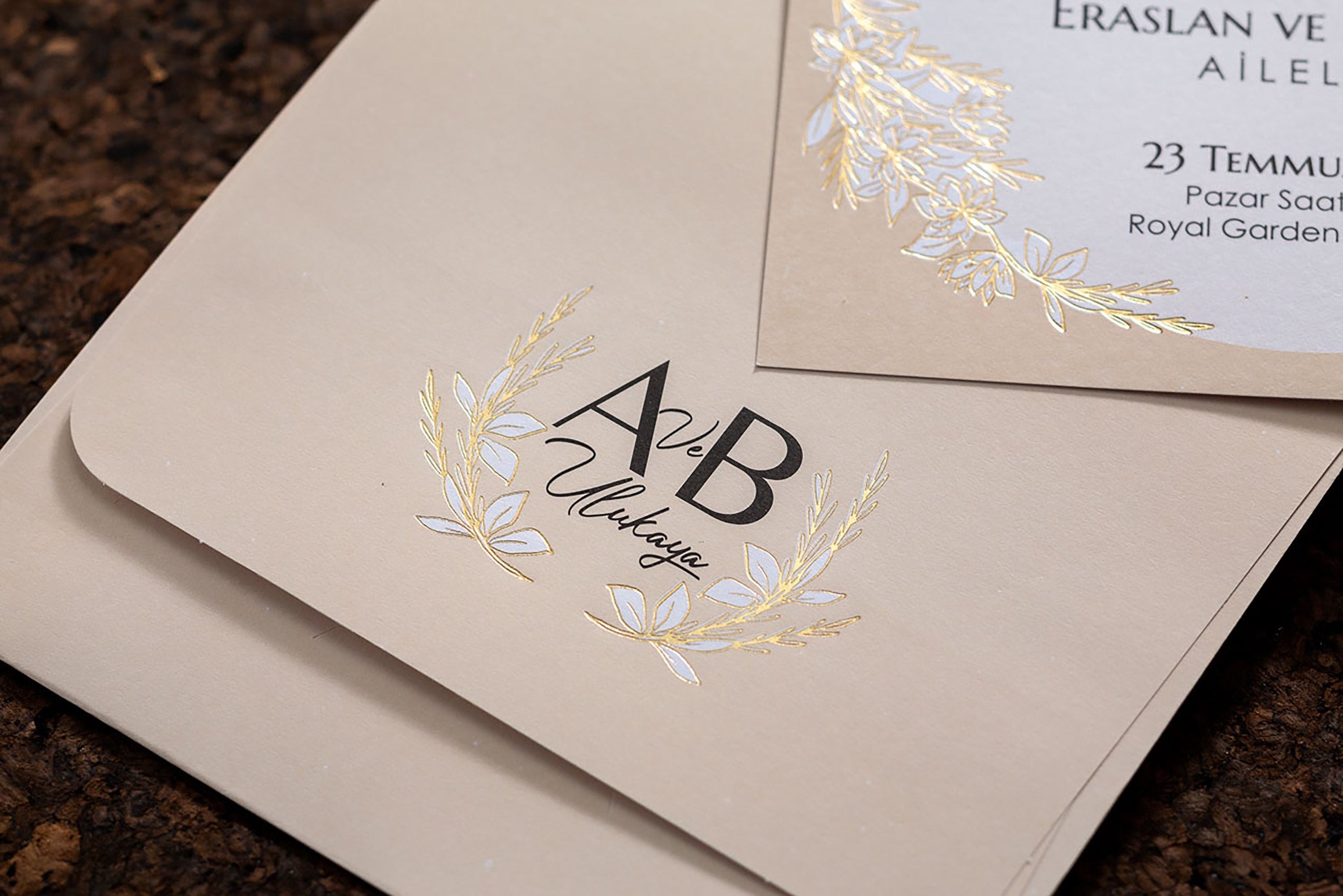 Wedding Invitation Ivory, Stylish Gold Leaves, Ivory Tone Wedding Invitation, Beautiful Wedding Invitation,  Gold Initials on Envelope