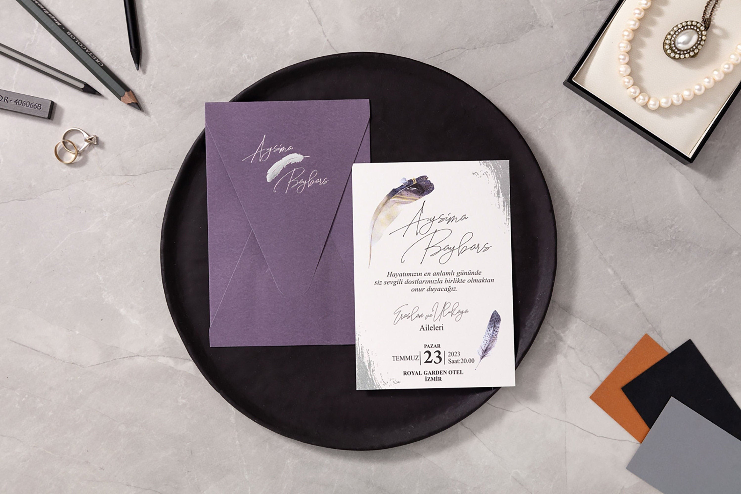 Purple Wedding Stationery, Wedding Invitation Grey, Wedding Invitation with Purple Tone, Elegant Feather Collection, Timeless Invitation