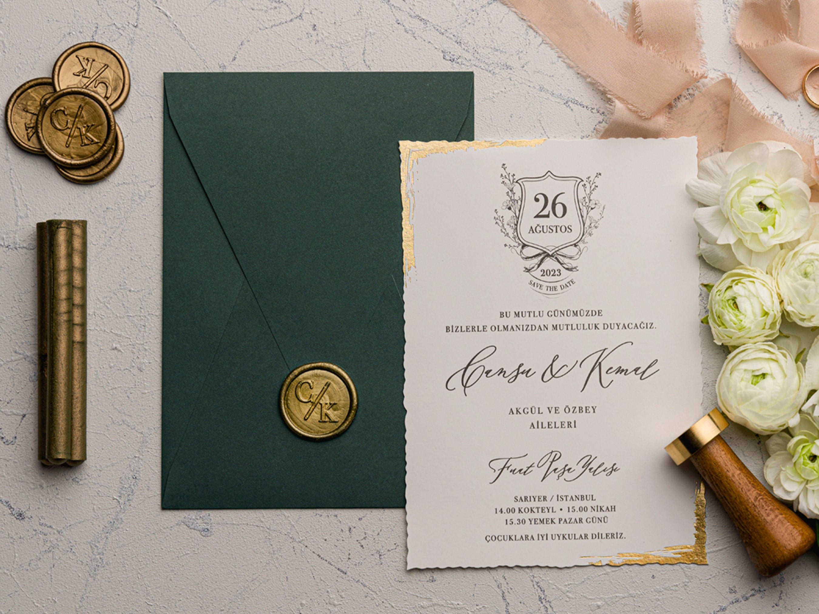 Green Ivory Wedding Invitation Set, Engagement Card, Save the Date, Elegant Green Wedding Invitations, Unique Invites, Real Foil Border