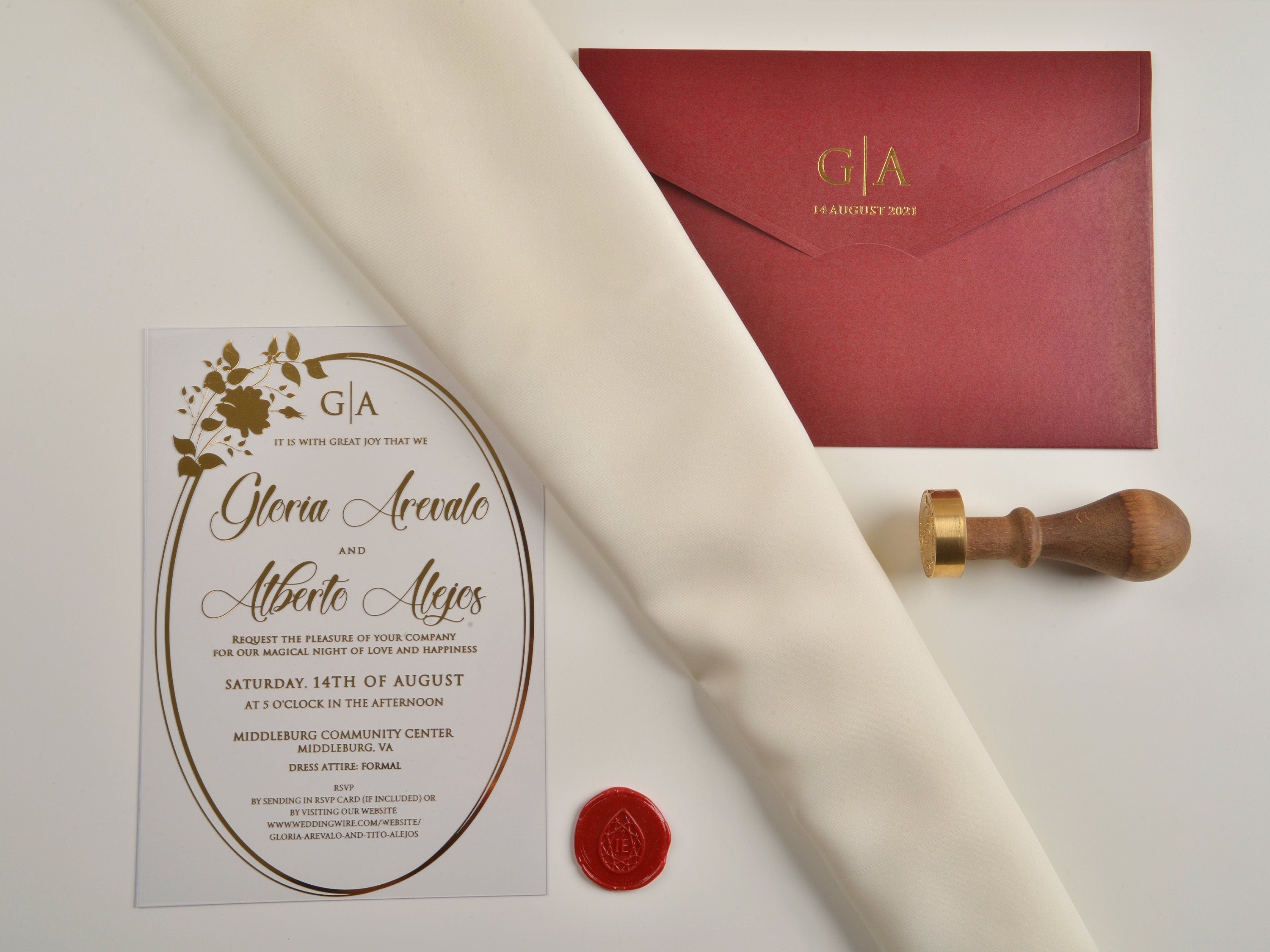 Clear Wedding Invitation with Envelope, Elegant Burgundy Wedding Invitations, Unique Invites, Real Foil, Acrylic Invite, Invitation Card