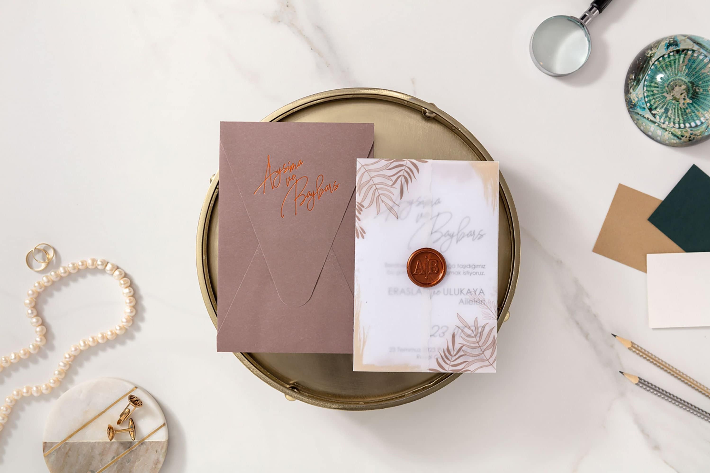 Elegant Vellum Wedding Invitation with Gold Foil, Real Foil Border, Wedding Invitation Copper, Wax Seal Copper, Vellum Invitation, Real Foil