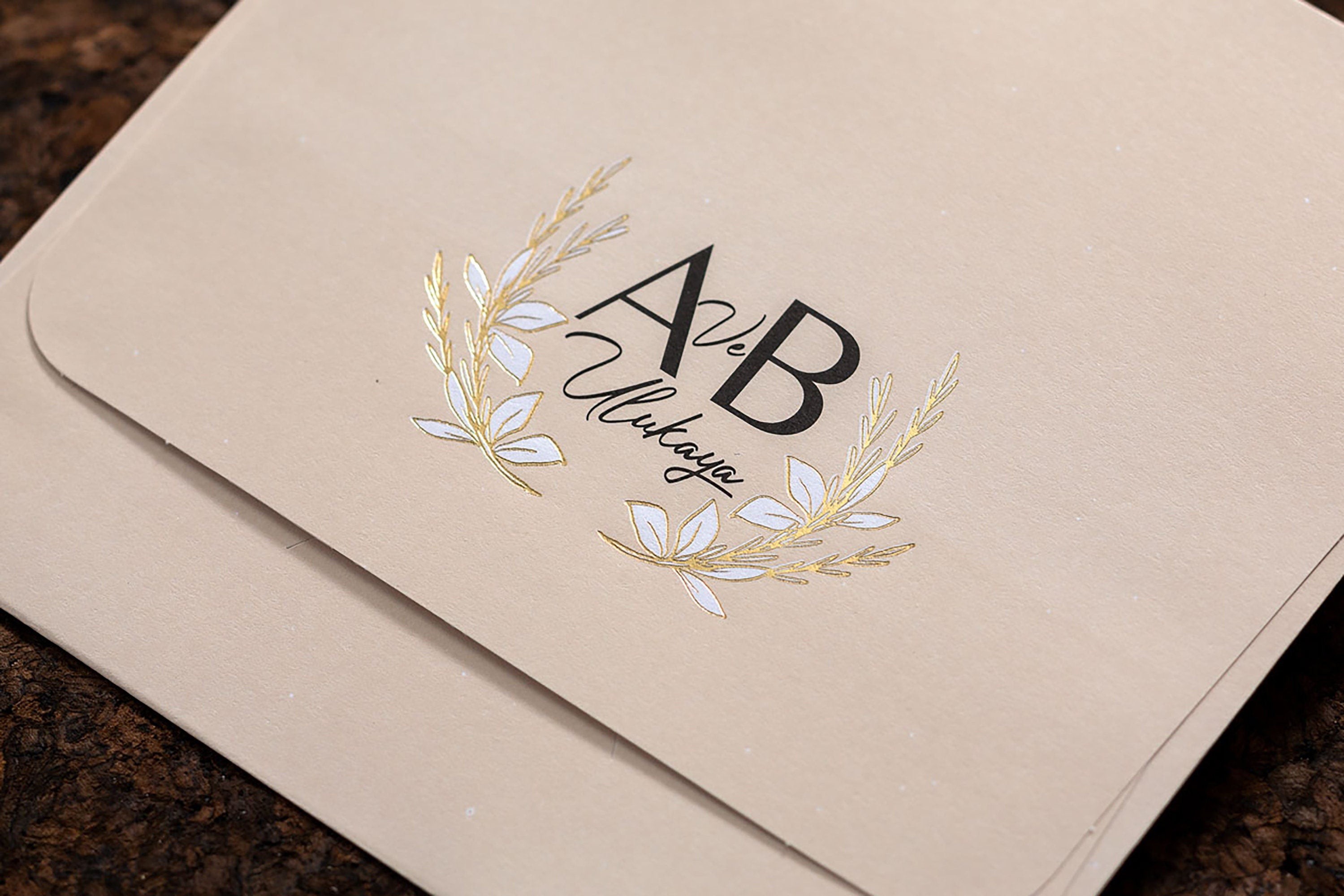 Wedding Invitation Ivory, Stylish Gold Leaves, Ivory Tone Wedding Invitation, Beautiful Wedding Invitation,  Gold Initials on Envelope