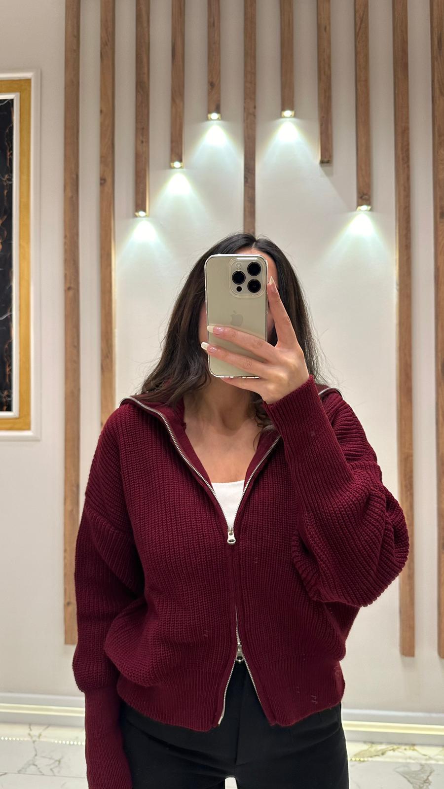 Kalın Örgü Çift Fermuar Hırka - Bordo